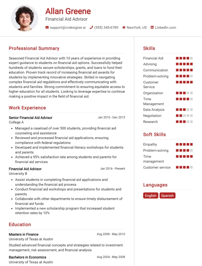 Financial Aid Advisor CV Examples