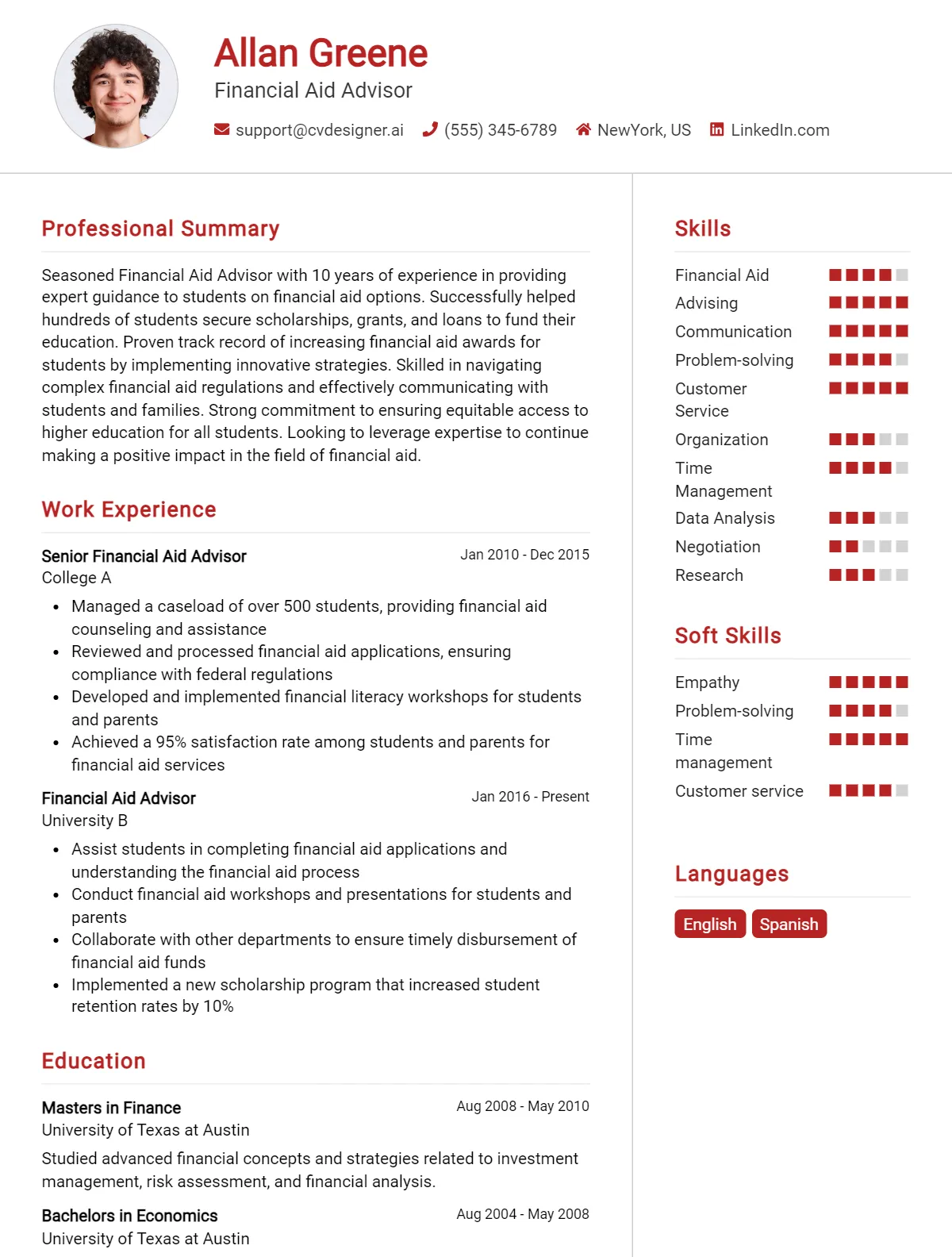 Financial Aid Advisor CV Examples for 2026: Format & Templates Preview