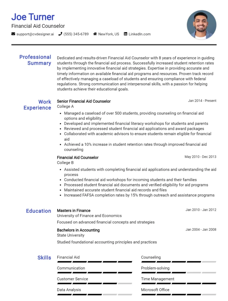 Financial Aid Counselor CV Example