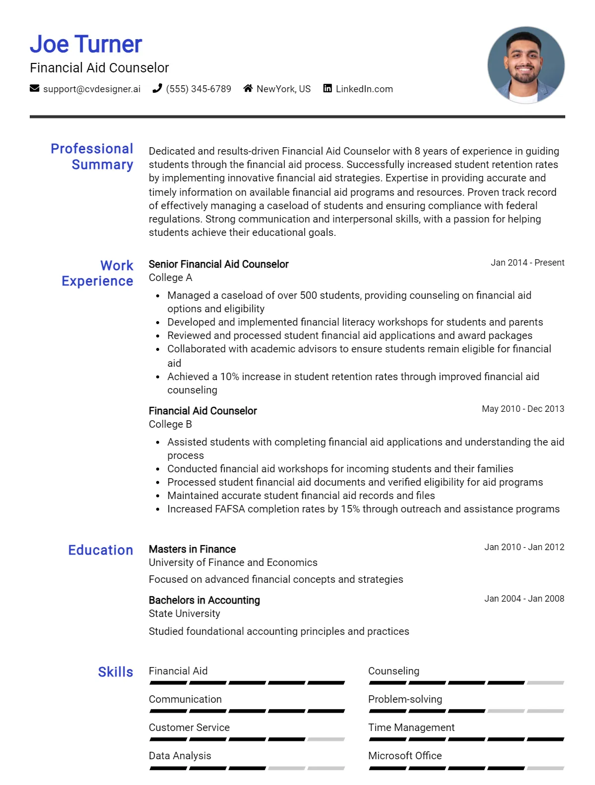 Financial Aid Counselor CV Example for 2026 Preview
