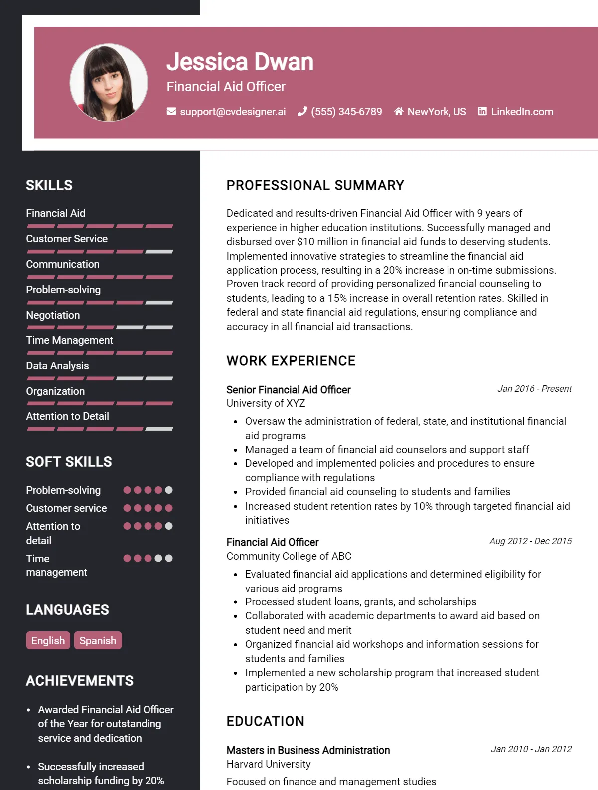 Financial Aid Officer CV Example for 2026: Format & Templates Preview