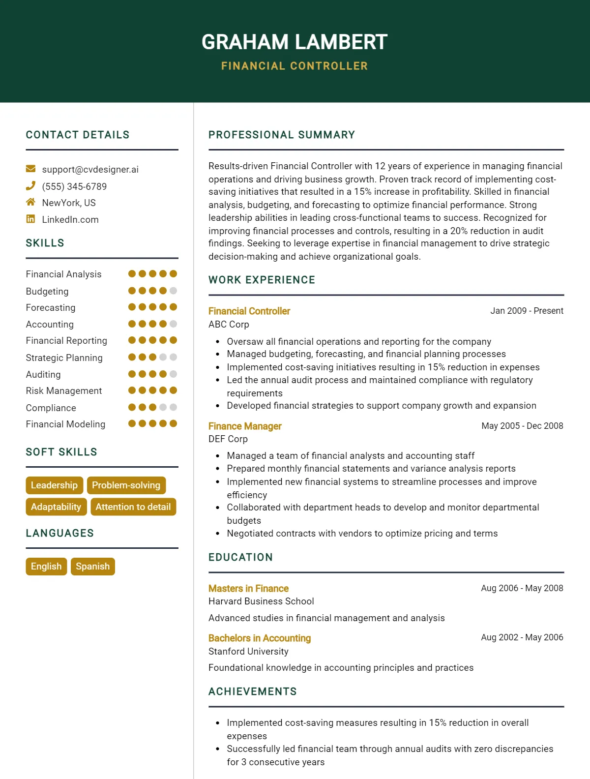 Financial Controller CV Example For 2026: Best Writing Guide Preview