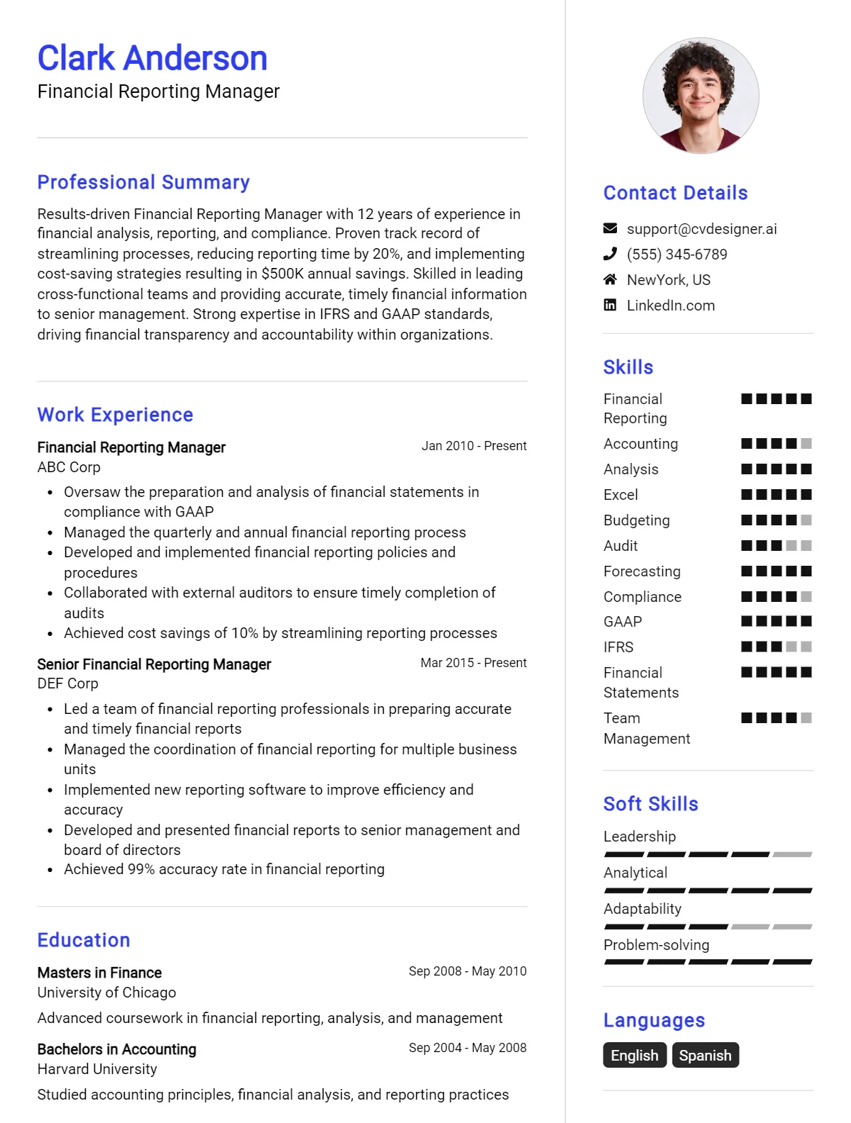 Financial Reporting Manager CV Example For 2026 Preview