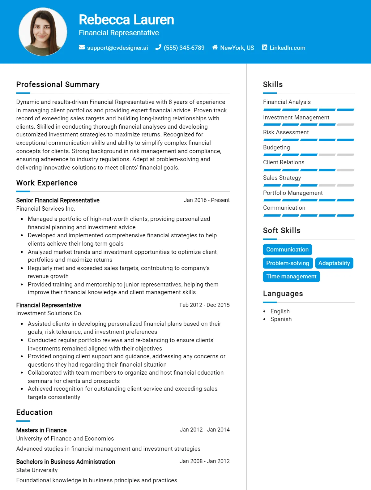 Financial Representative CV Example For 2026: Free Templates Preview