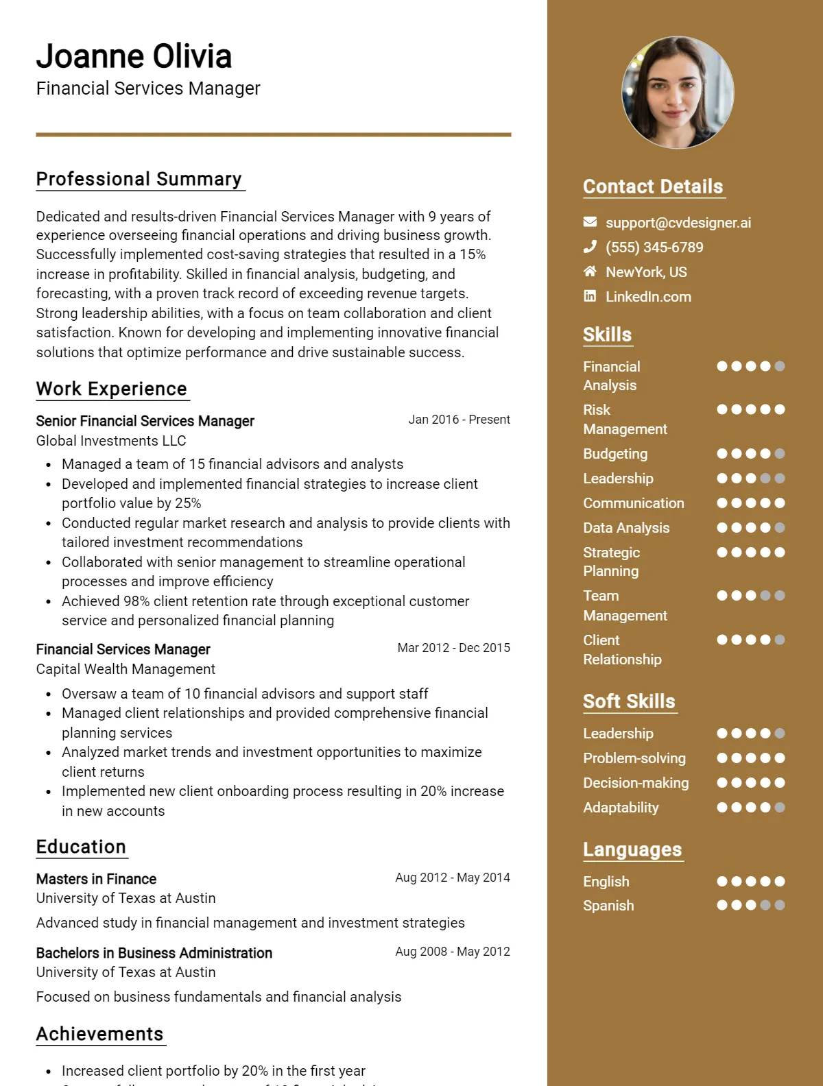 Financial Services Manager CV Example For 2026: Top CV Skills Preview