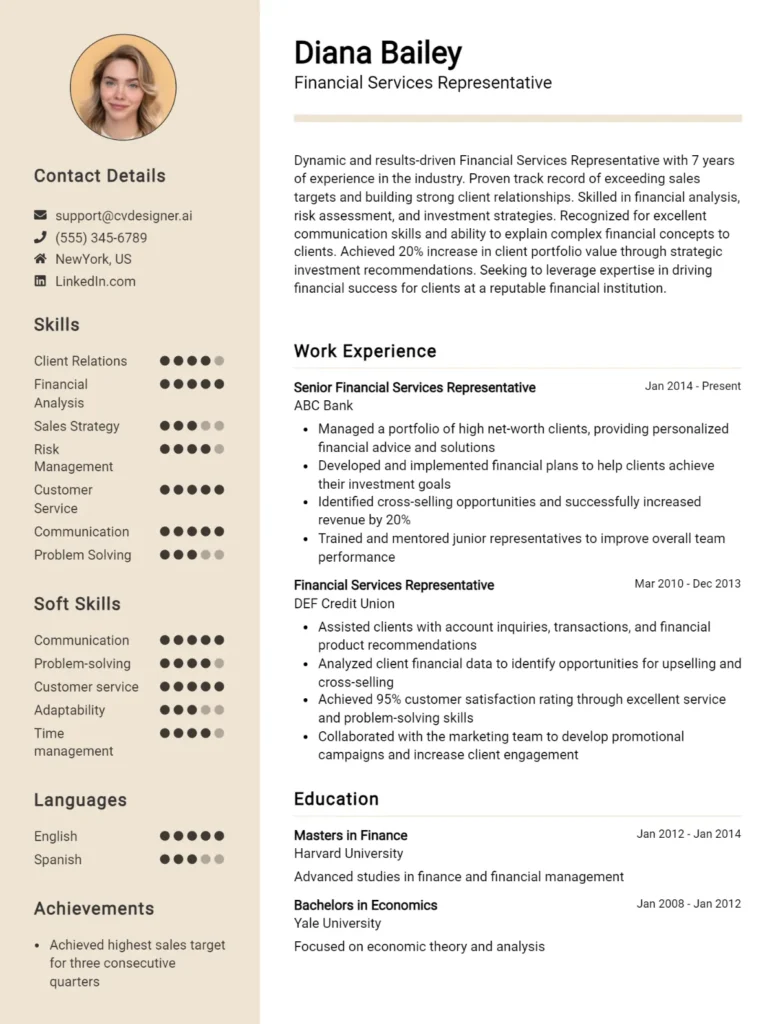 Financial Services Representative CV Example