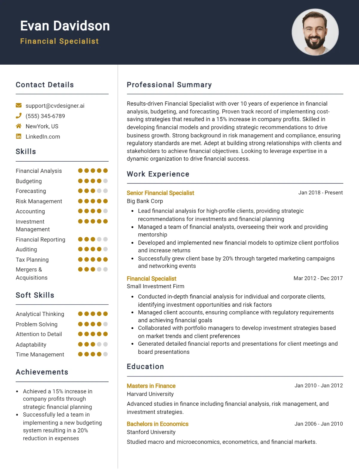 Financial Specialist CV Example 1