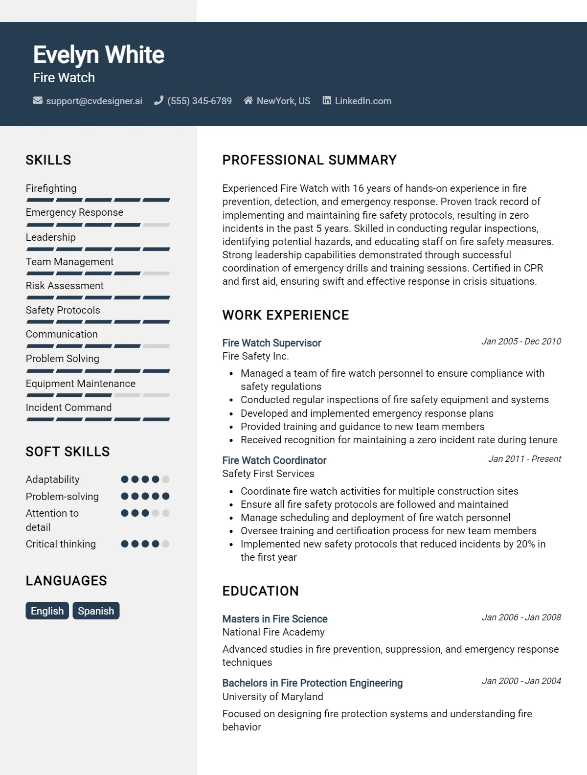Fire Watch CV Example For 2026: Professional CV Templates Preview