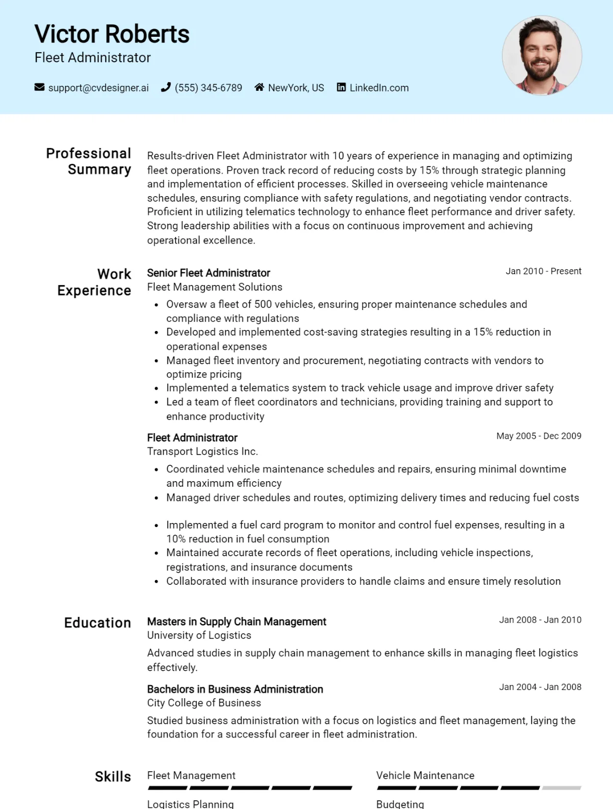 Fleet Administrator CV Example For 2026: Ultimate Guide Preview