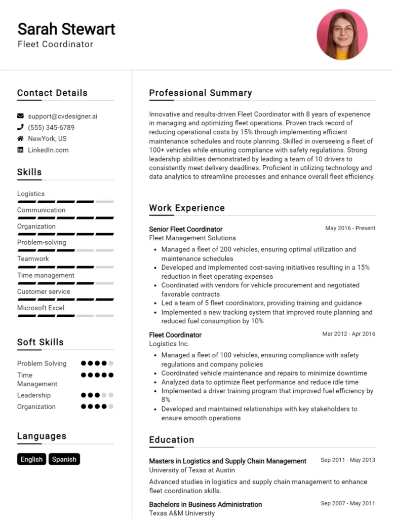 Fleet Coordinator CV Example