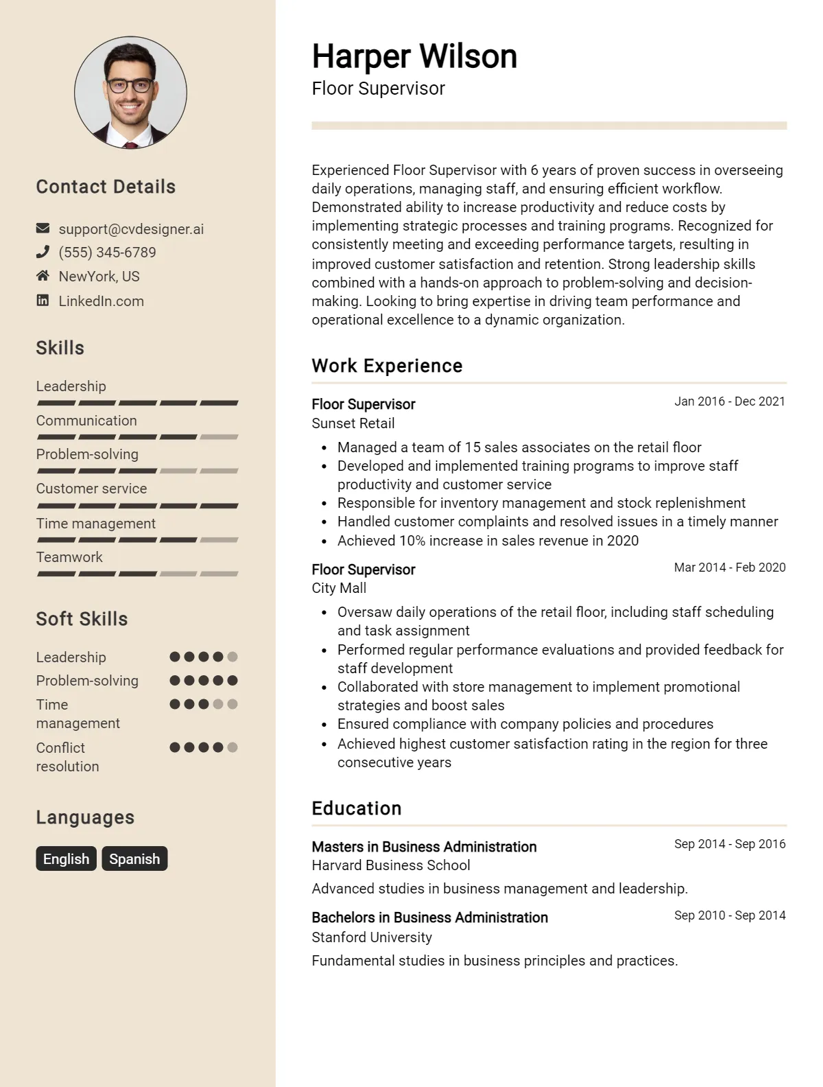Floor Supervisor CV Example For 2026: Professional CV Templates Preview
