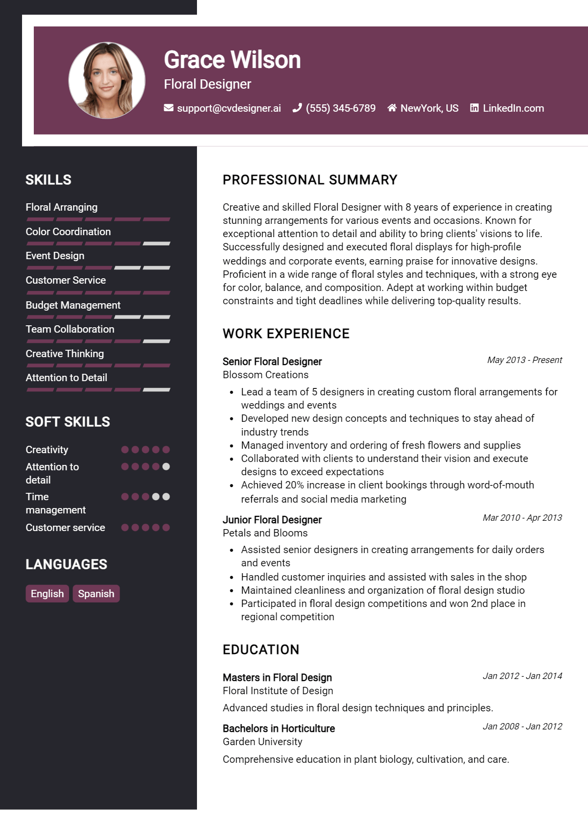 Floral Designer Resume Example for 2026: Free Guide Preview