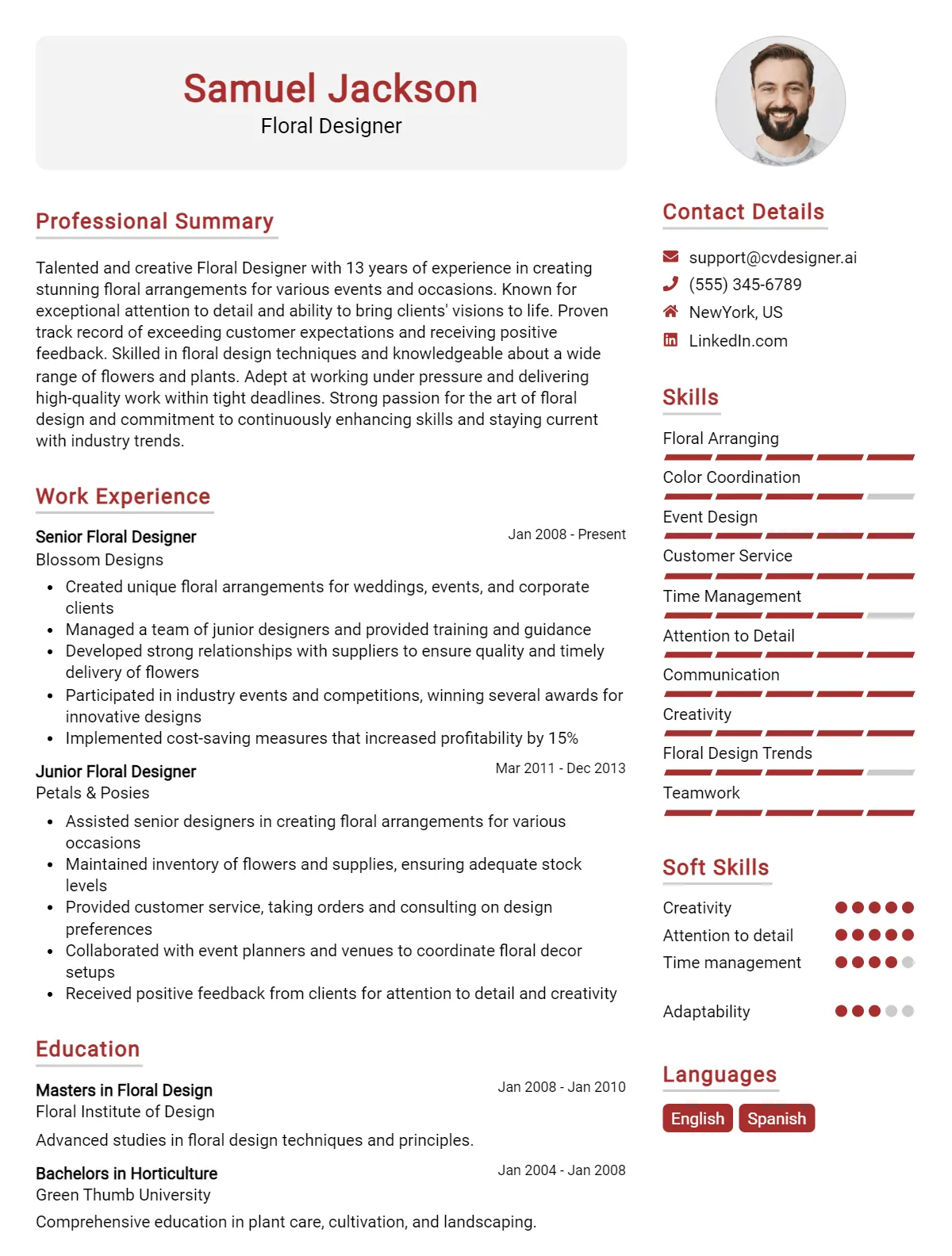 Floral Designer CV Example For 2026: Top CV Skills Preview