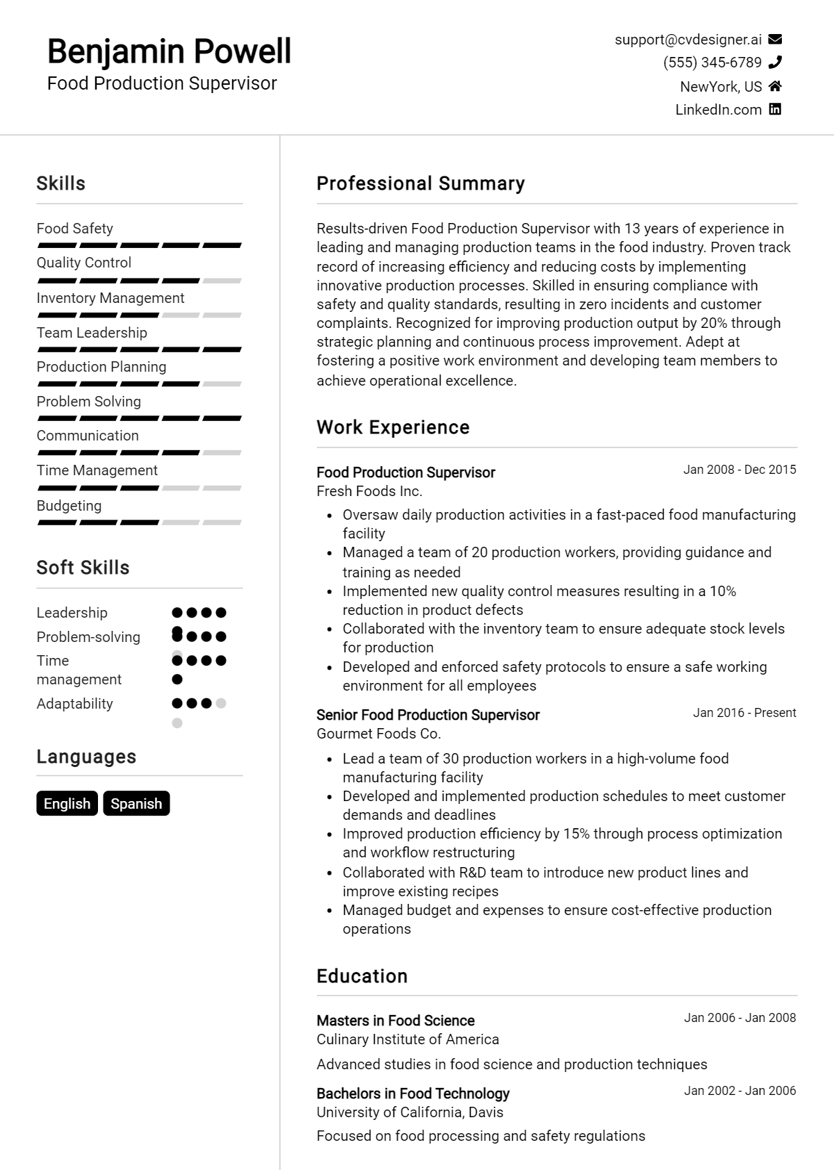 Food Production Supervisor Resume Example for 2026: Top CV Skills Preview