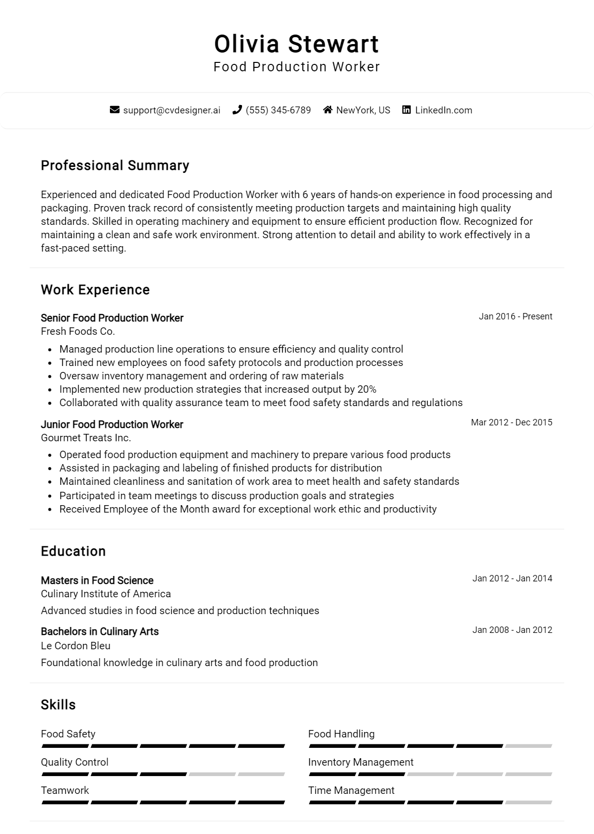 Food Production Worker Resume Example for 2026: Free Downloadable Templates Preview