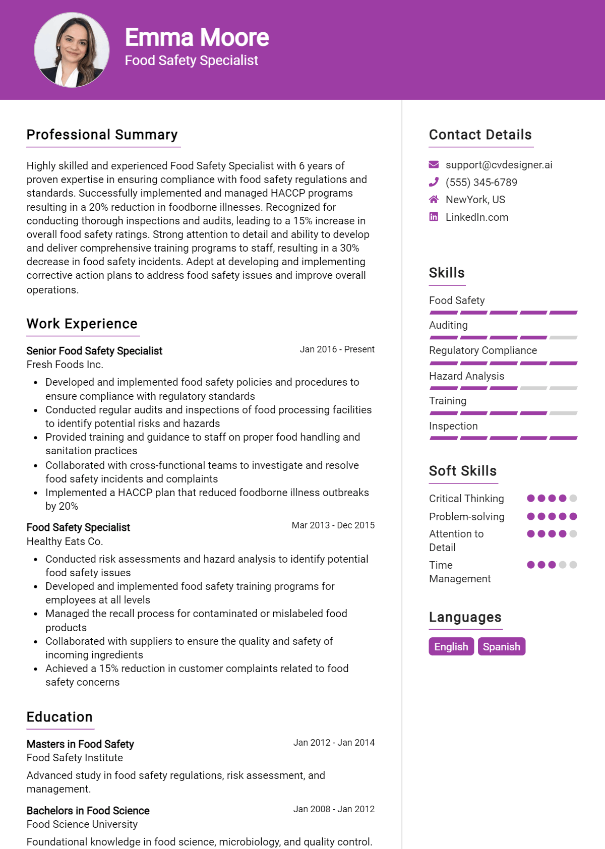 Food Safety Specialist Resume Example for 2026: Expert Tips & Templates Preview