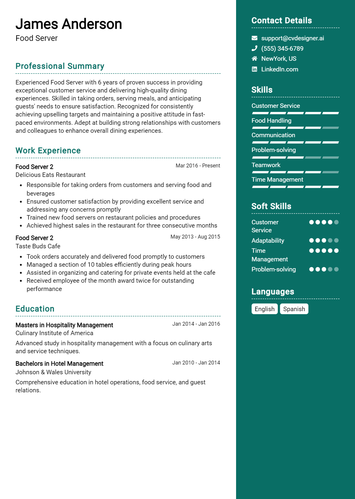 6 Food Server CV Examples And Free Templates for 2026: Best Formatting Tips Preview