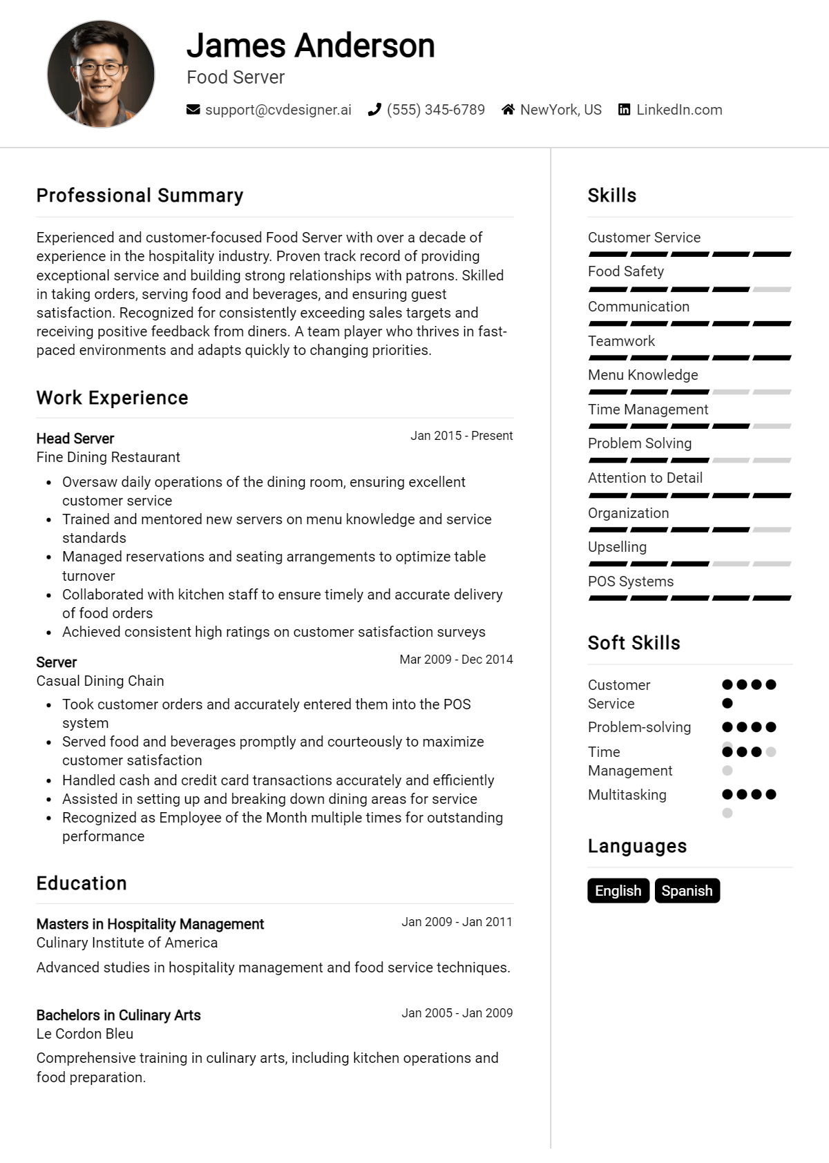 Food Server Resume Example for 2026: Free Downloadable Templates Preview