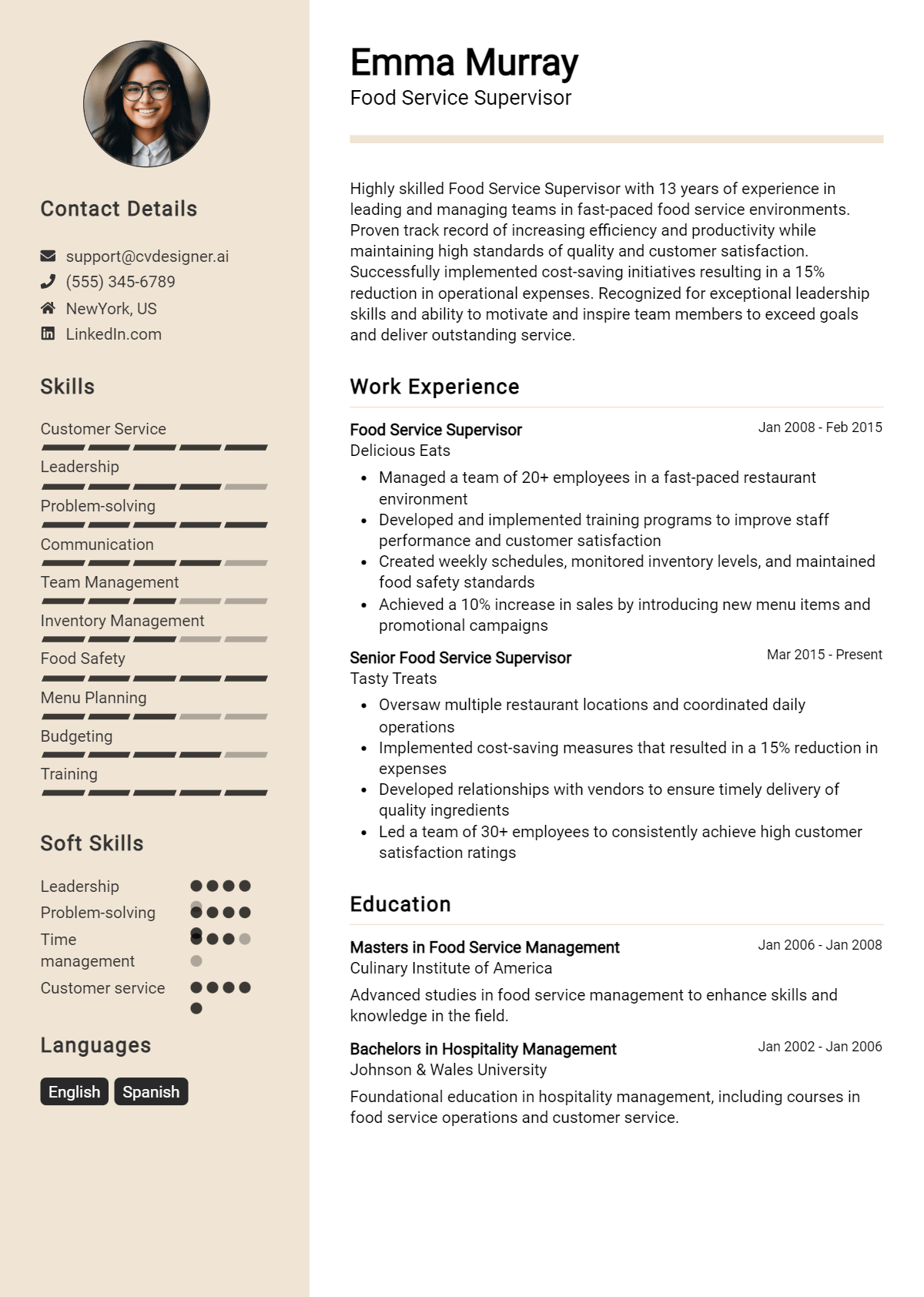 Food Service Supervisor Resume Example for 2026: Examples & Free Templates Preview