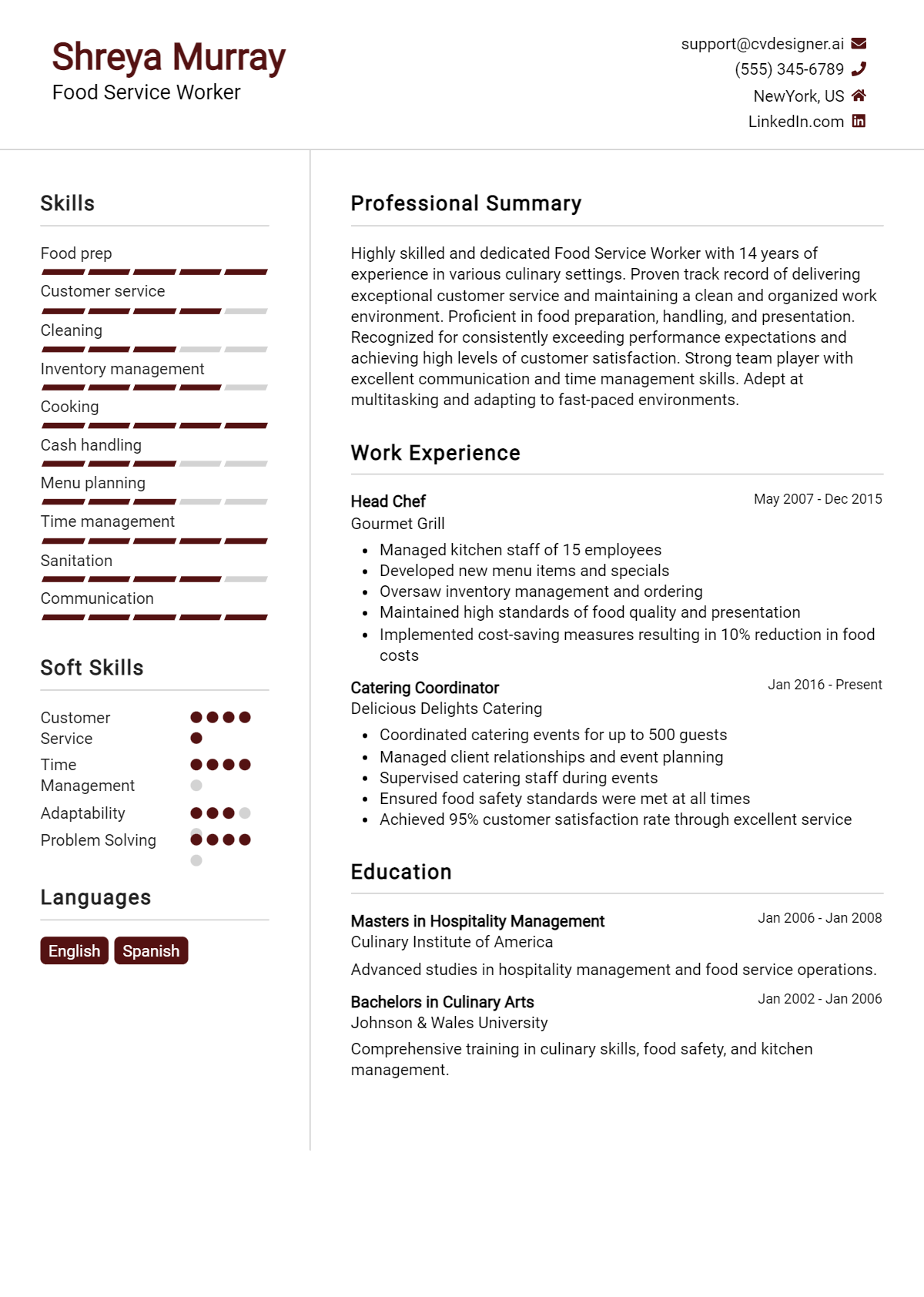 Food Service Worker Resume Example for 2026: Best Tips & Templates Preview