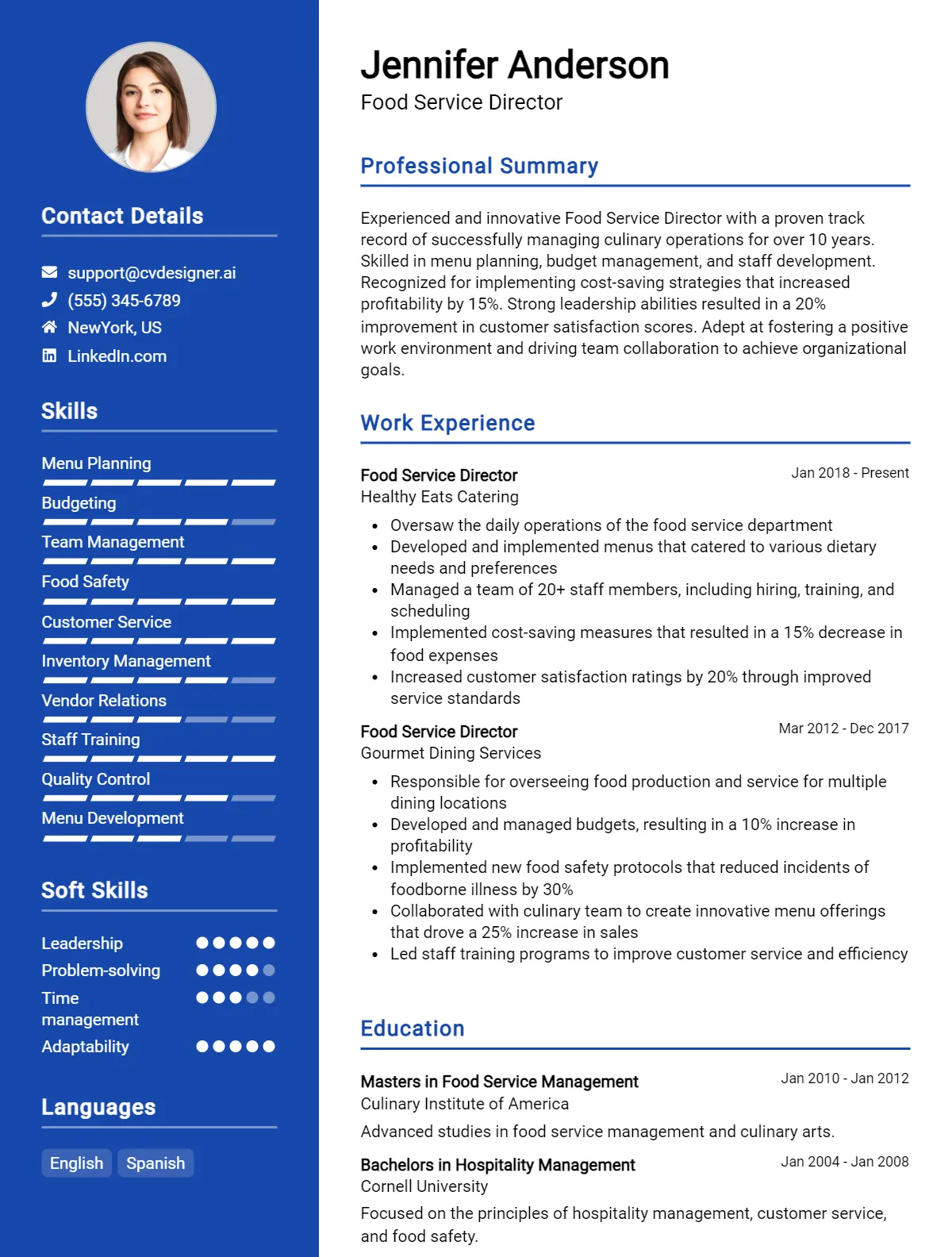 Food Service Director CV Example For 2026: Professional CV Templates Preview