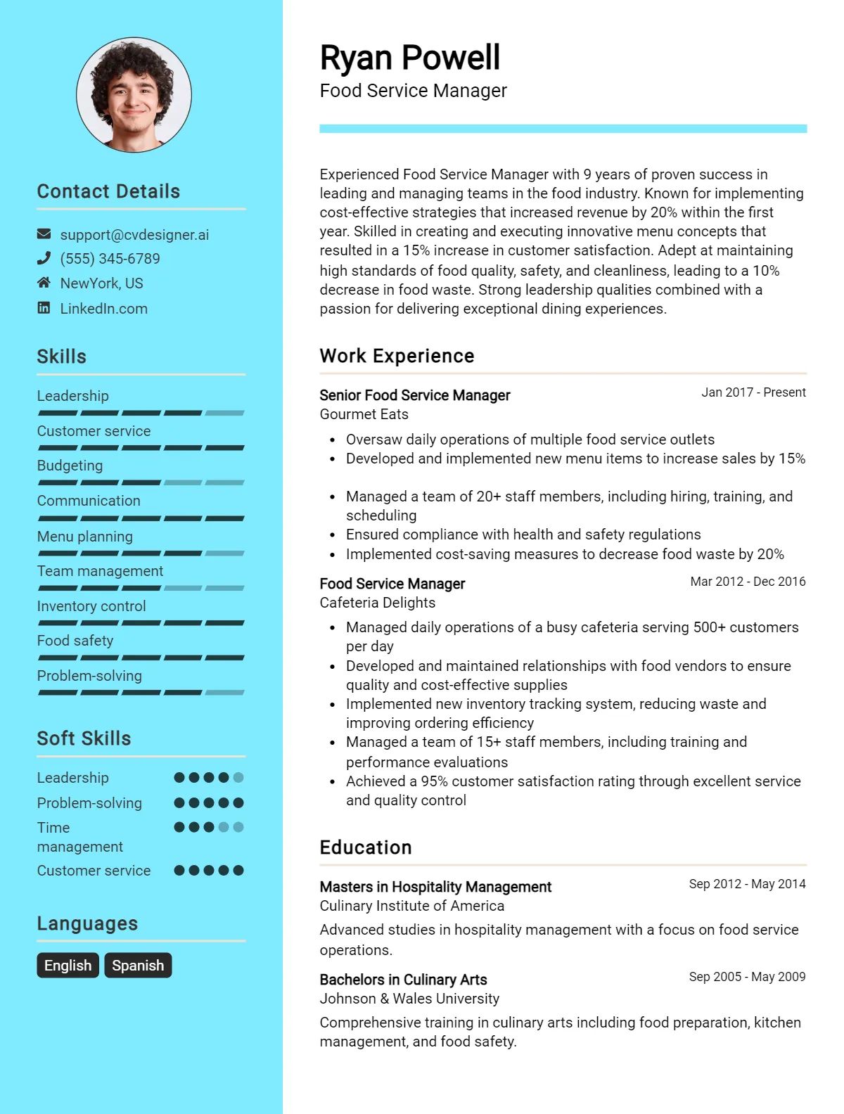 Food Service Manager CV Example For 2026: Free Professional Templates Preview