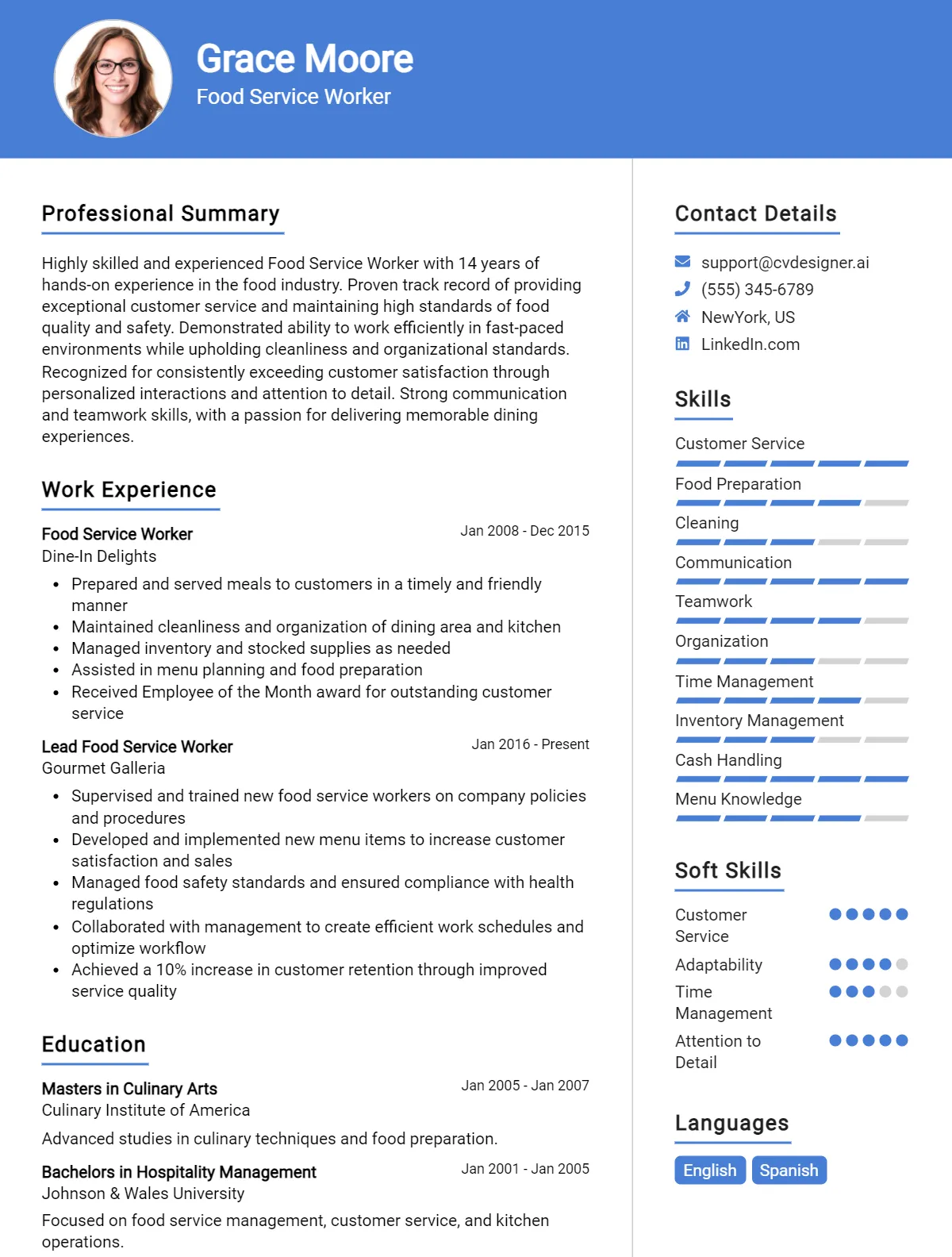 Food Service Worker CV Example For 2026: Free Downloadable Templates Preview