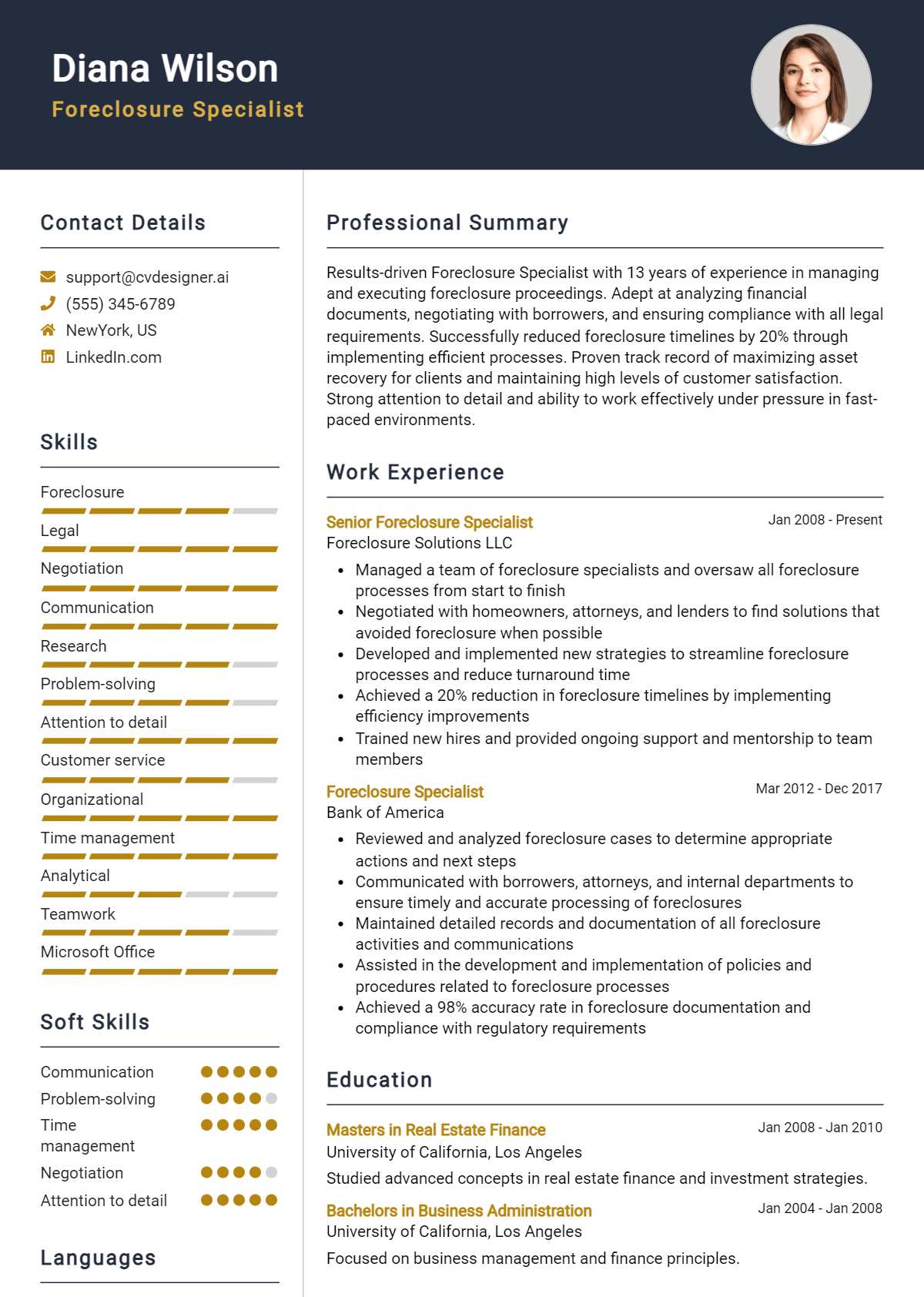 Foreclosure Specialist Resume Example for 2026: Professional CV Templates Preview
