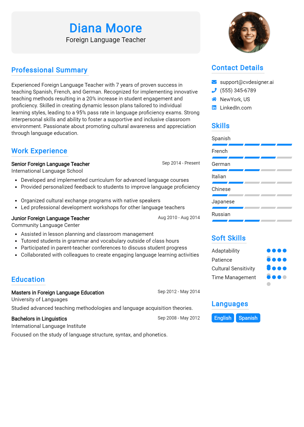 Foreign Language Teacher Resume Example for 2026: How to Create a Professional CV Preview