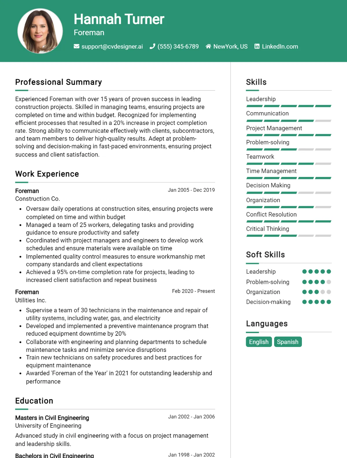 Foreman CV Example For 2026: Free Downloadable Templates Preview