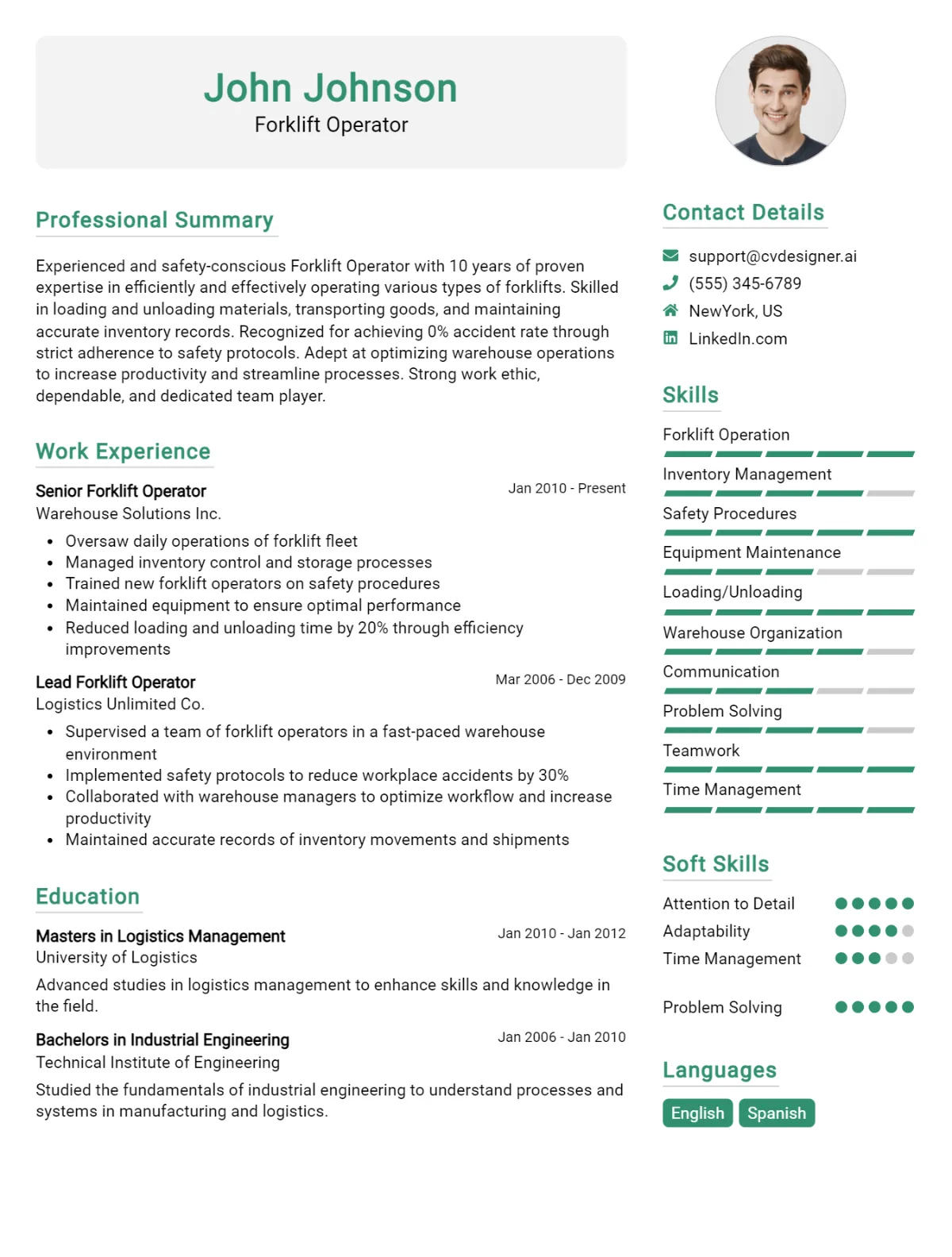 Forklift Operator CV Example For 2026: Professional CV Templates Preview