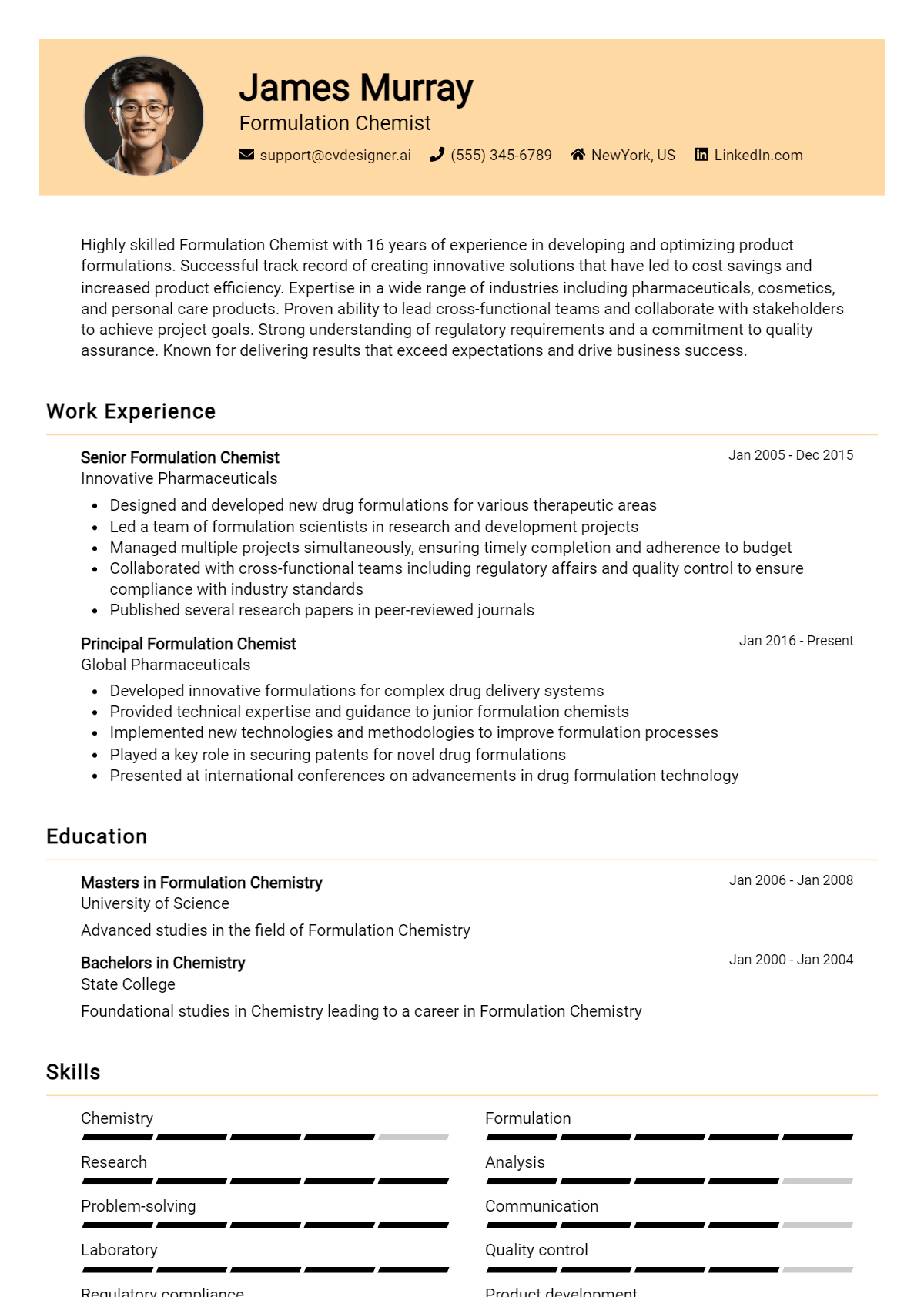 Formulation Chemist Resume Example for 2026: Tips & Templates Preview