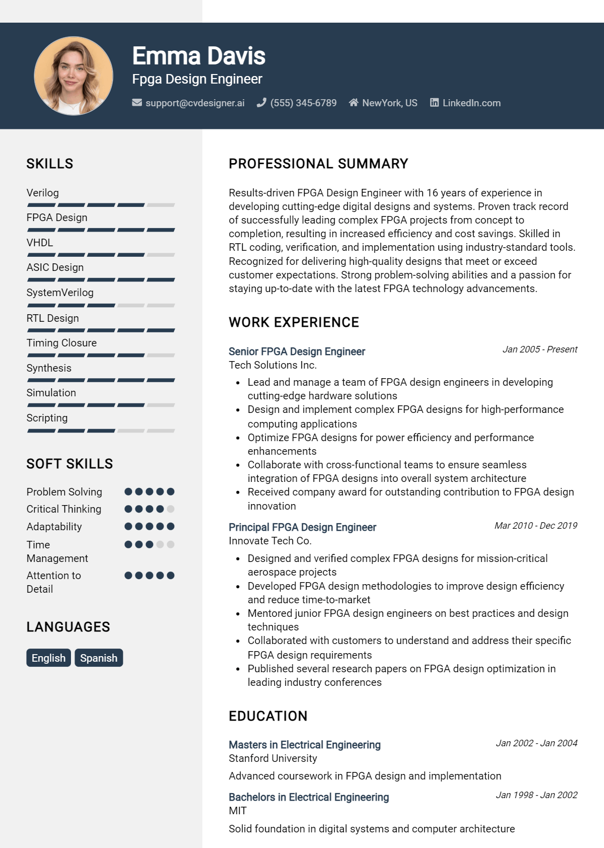 Fpga Design Engineer Resume Example for 2026: Examples & Free Templates Preview