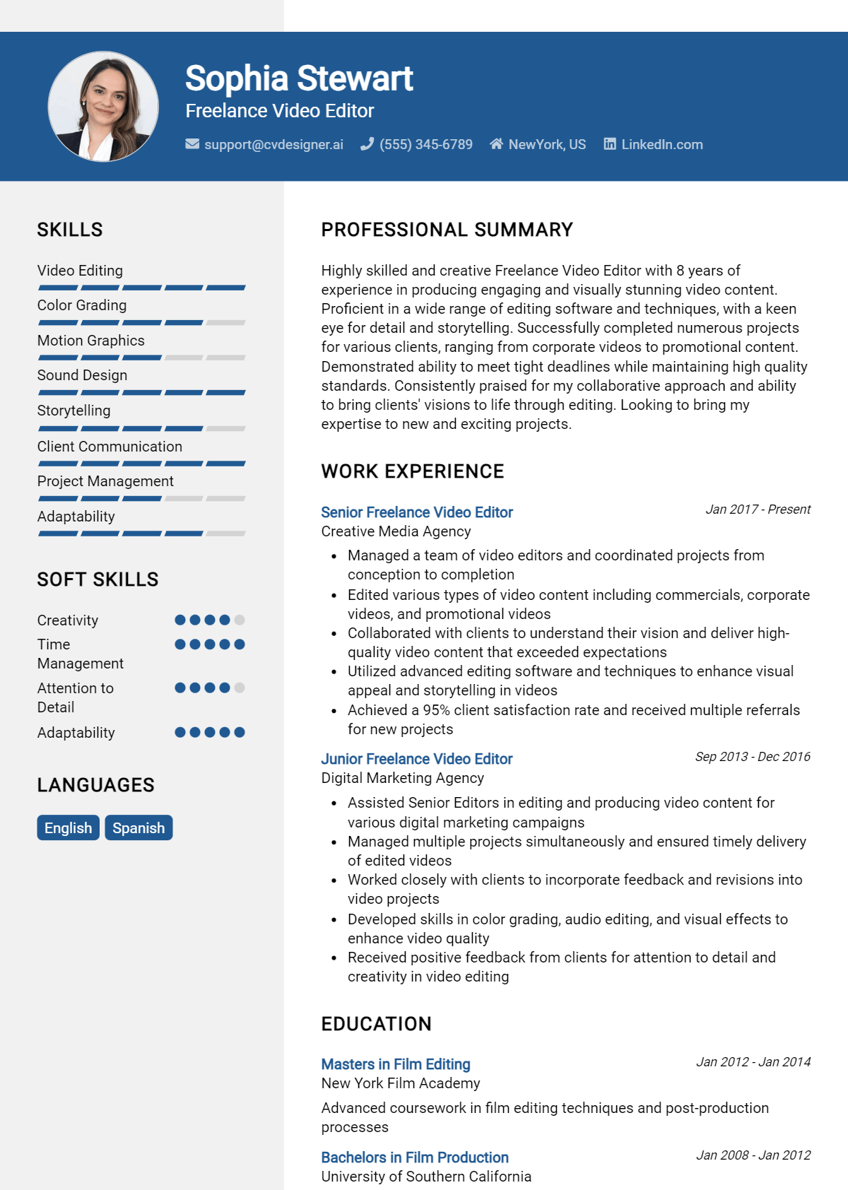 Freelance Video Editor Resume Example for 2026: Writing Guide Preview