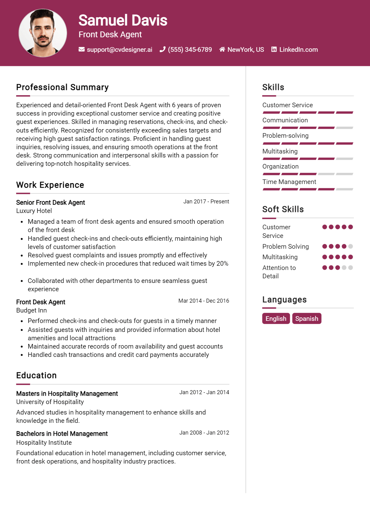 Front Desk Agent Resume Example for 2026: Tips to Stand Out Preview