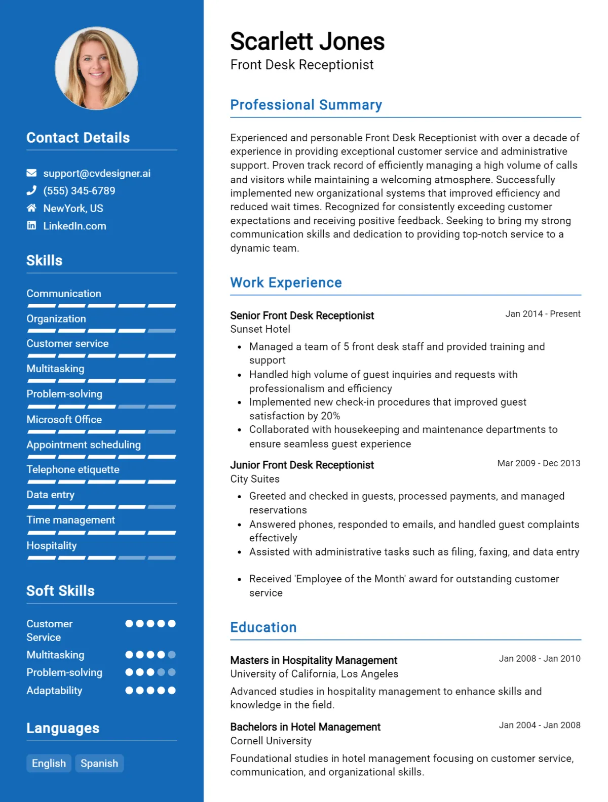 Front Desk Receptionist CV Example For 2026: Free Professional Templates Preview