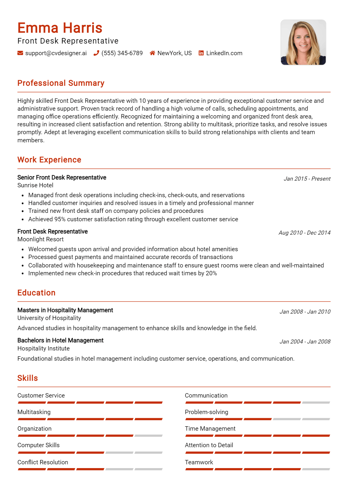 Front Desk Representative Resume Example for 2026: Samples & Best Practices Preview
