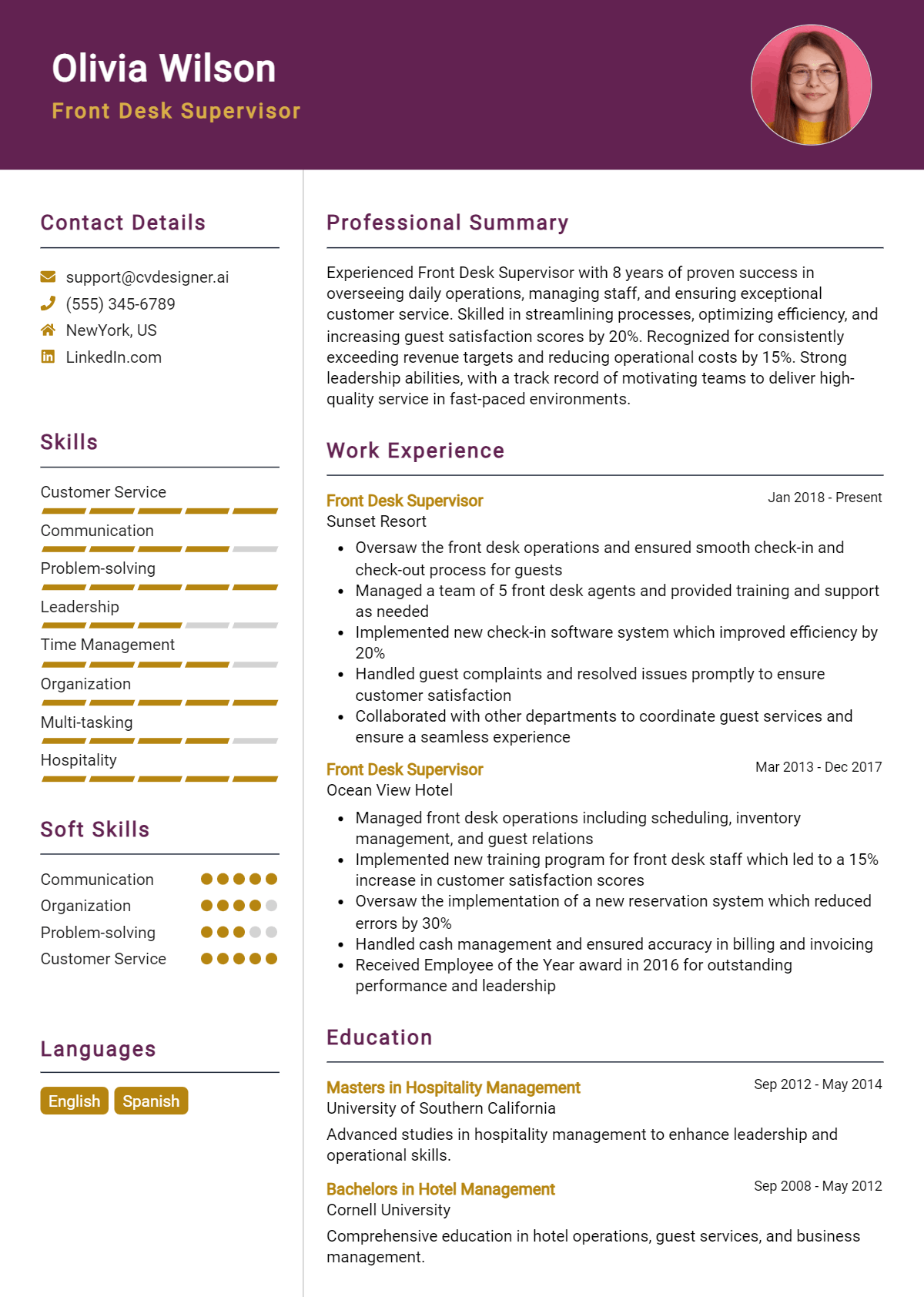 Front Desk Supervisor Resume Example for 2026: Effective CV Writing Tips Preview