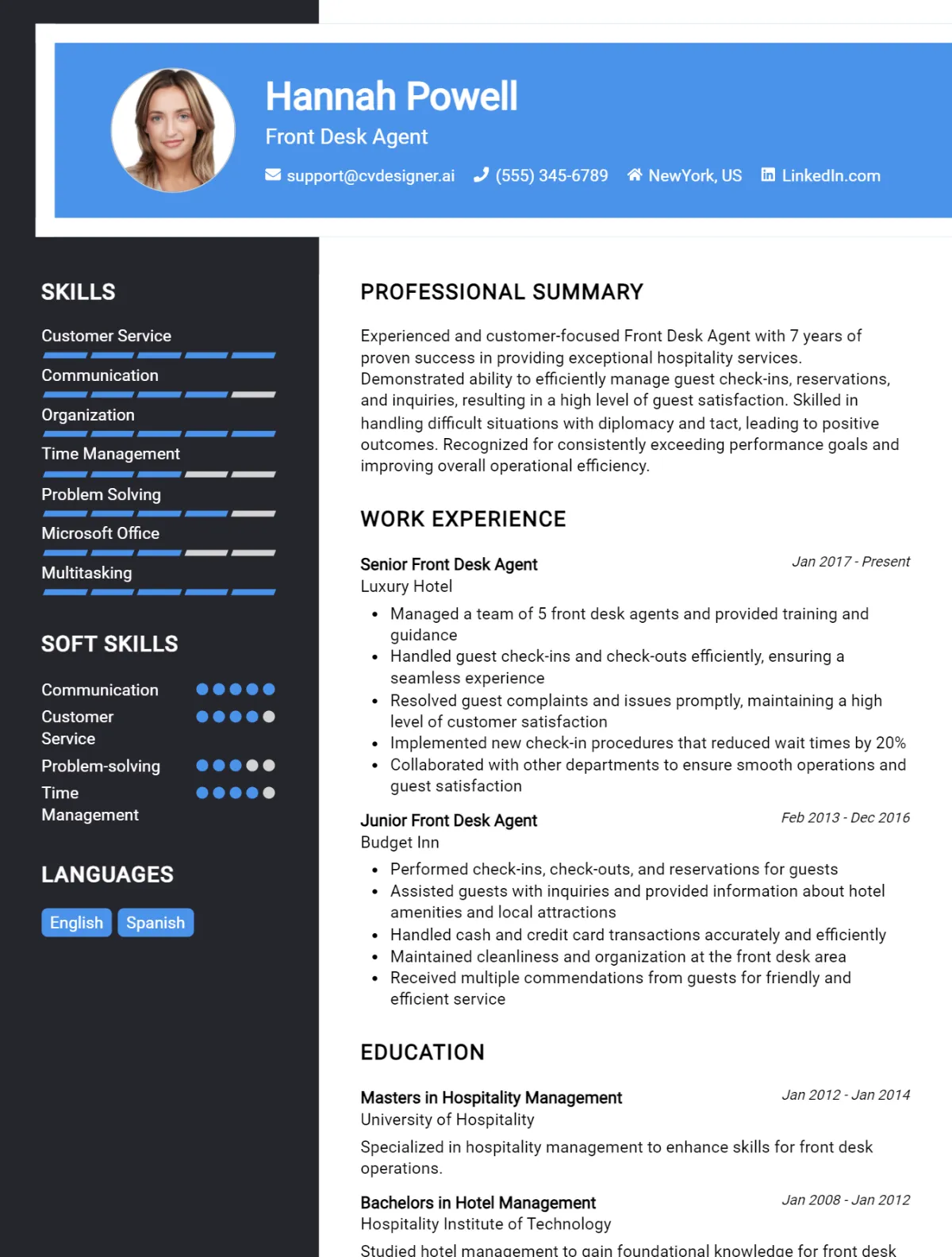 Front Desk Agent CV Example For 2026: Examples & Free Templates Preview
