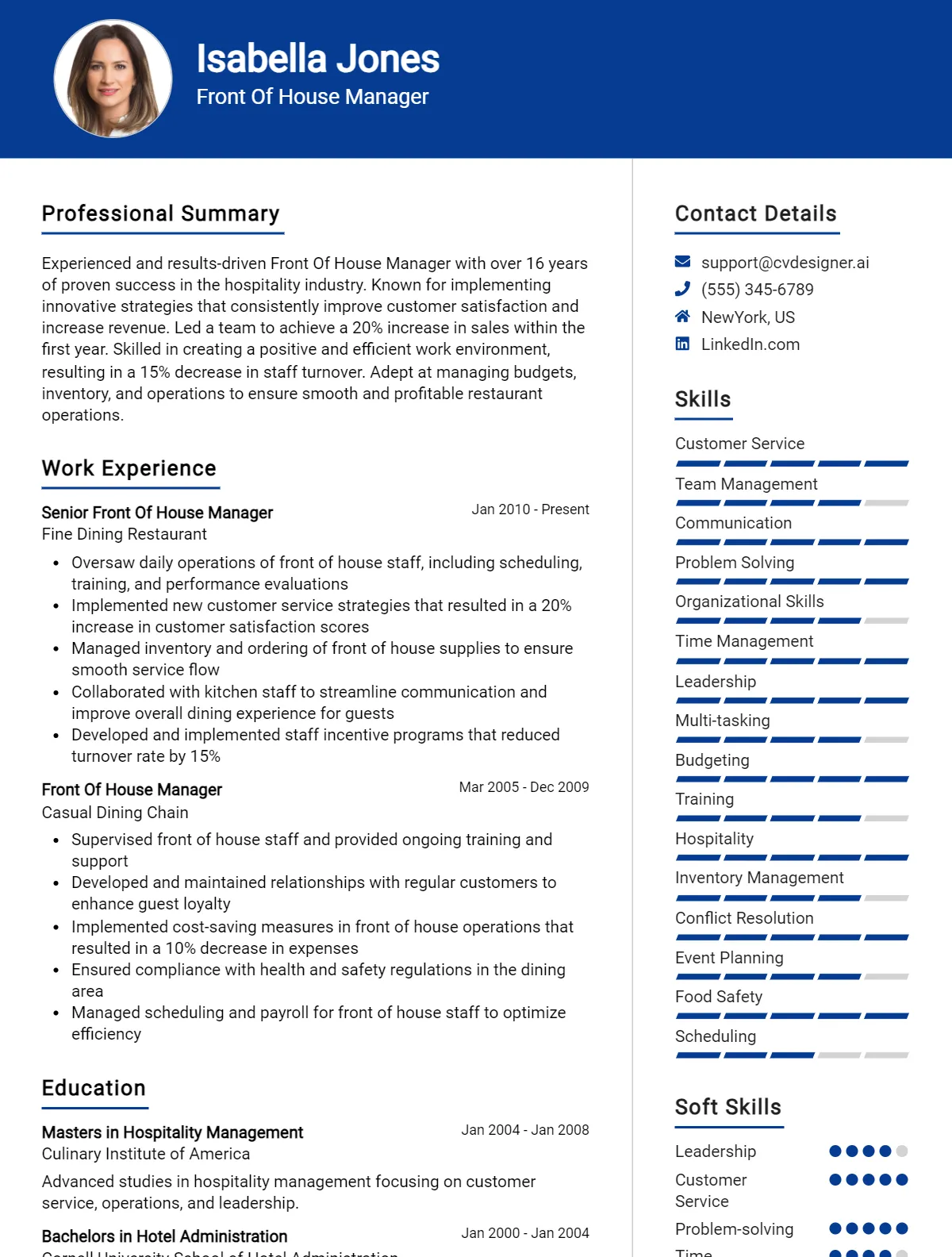Front Of House Manager CV Example For 2026: Strategies & Templates Preview