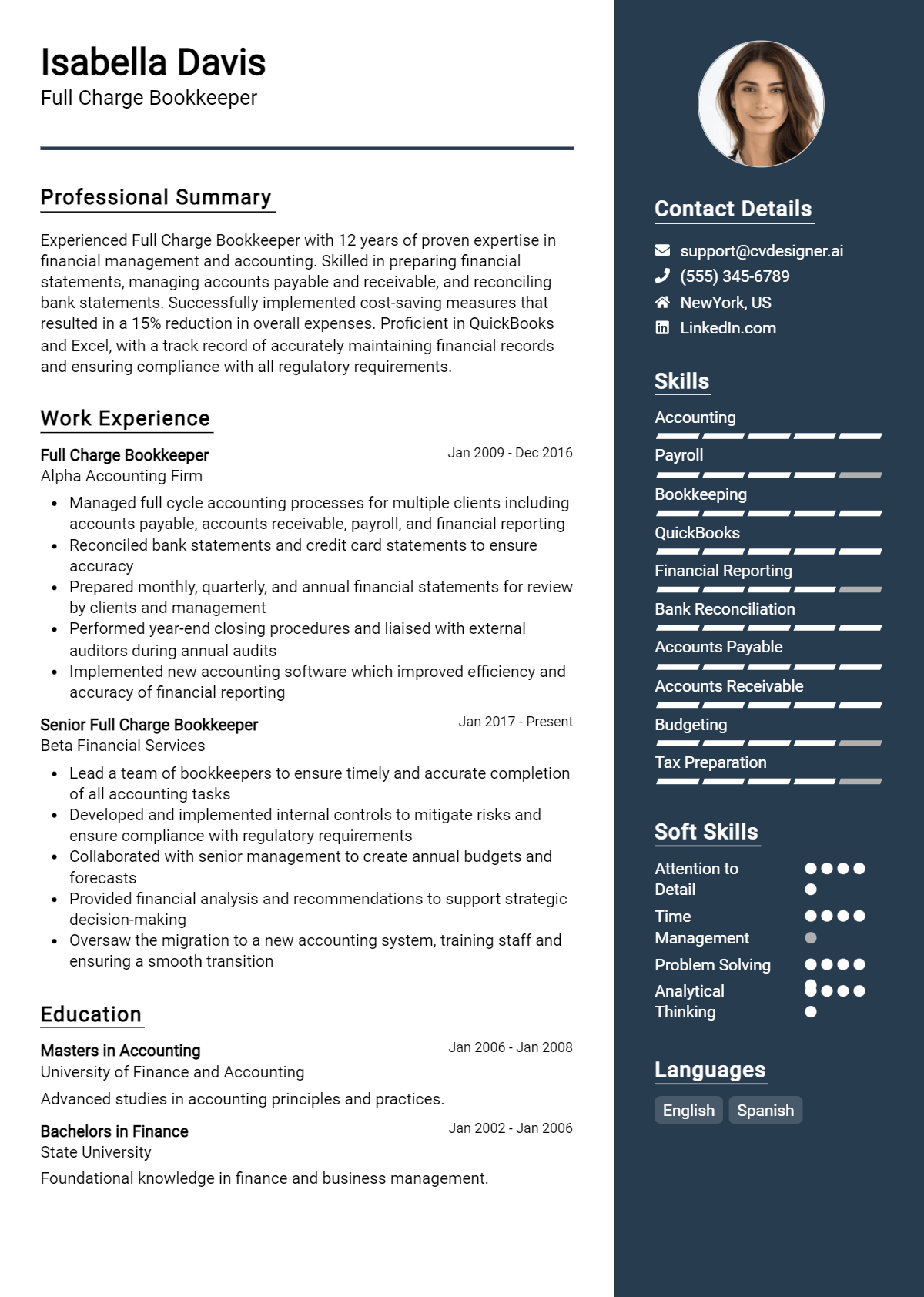 Full Charge Bookkeeper Resume Example for 2026: Strategies & Templates Preview