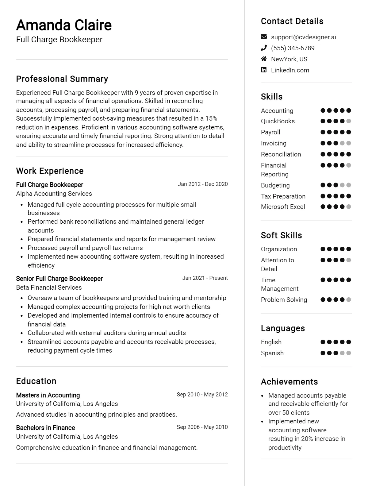 Full Charge Bookkeeper CV Example