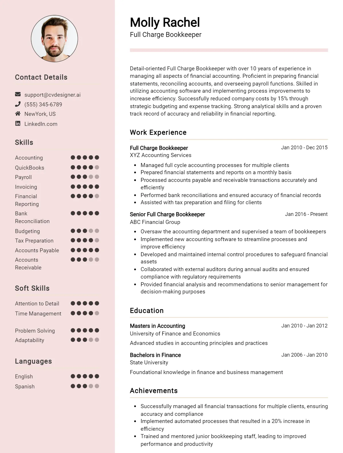 Full Charge Bookkeeper CV Example For 2026: Best Tips & Templates Preview