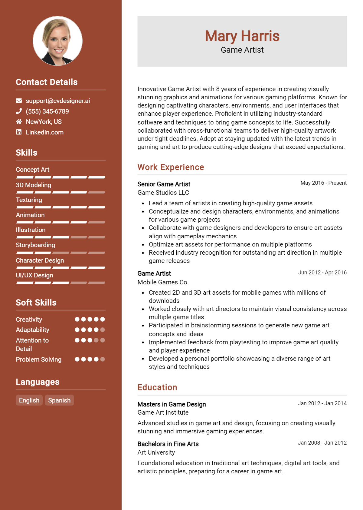 Game Artist Resume Example for 2026: Free Samples Preview