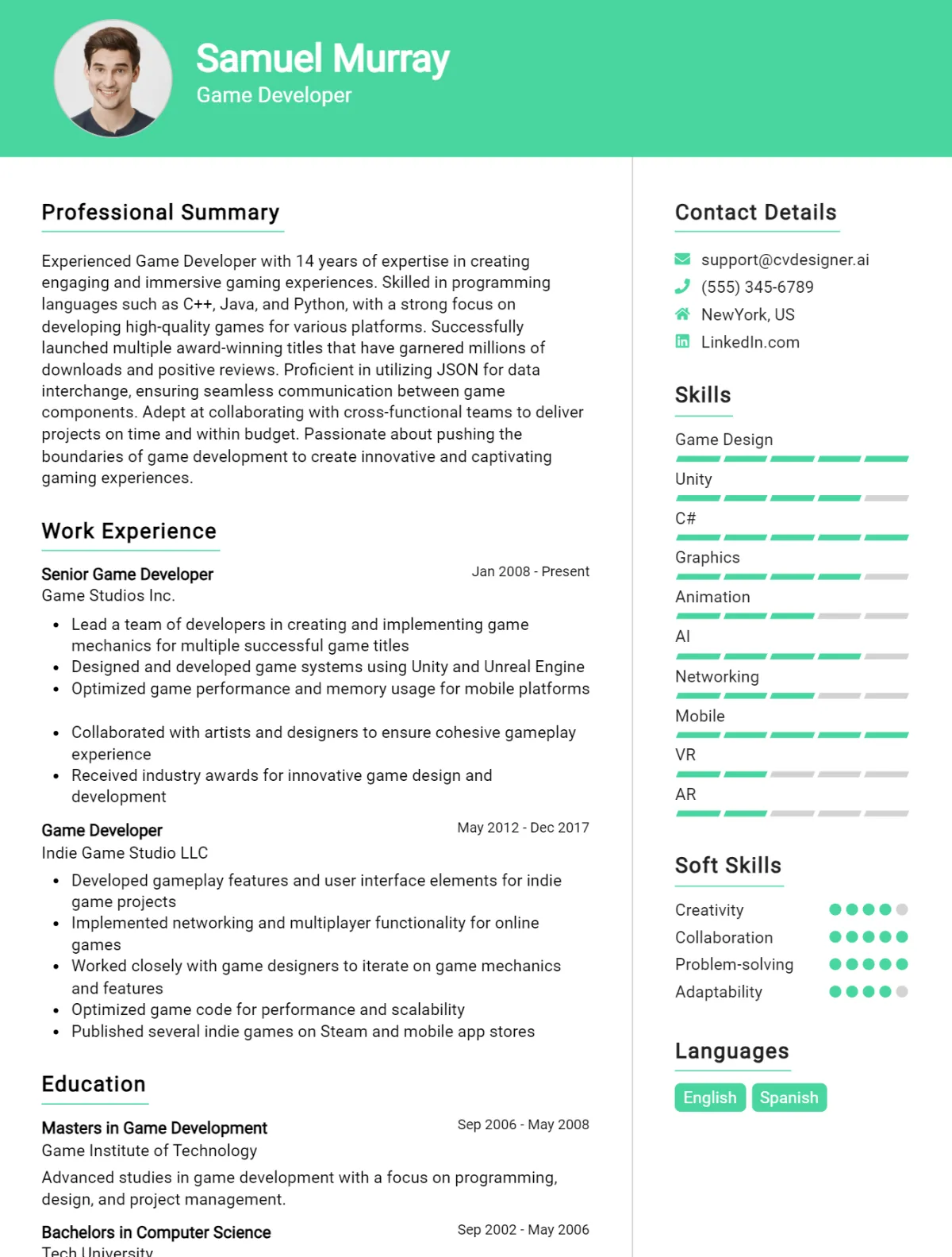 Game Developer CV Example For 2026: Samples & Best Practices Preview