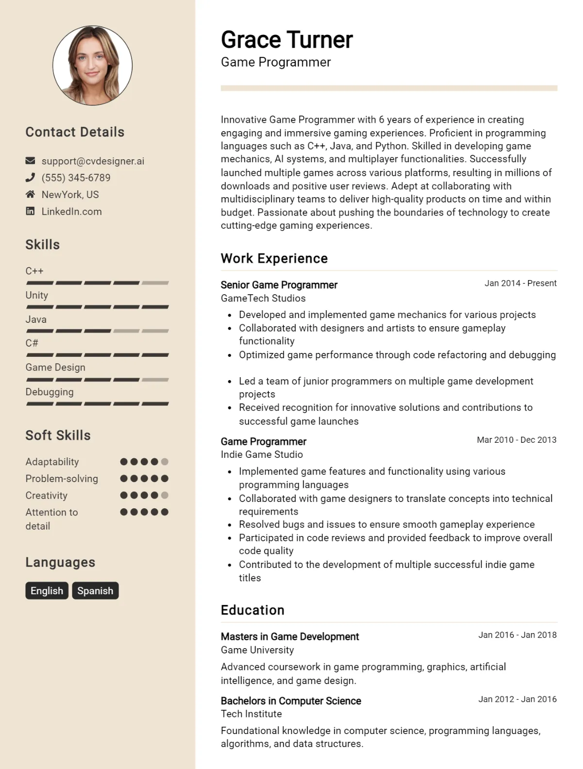 Game Programmer CV Example For 2026: Top CV Skills Preview