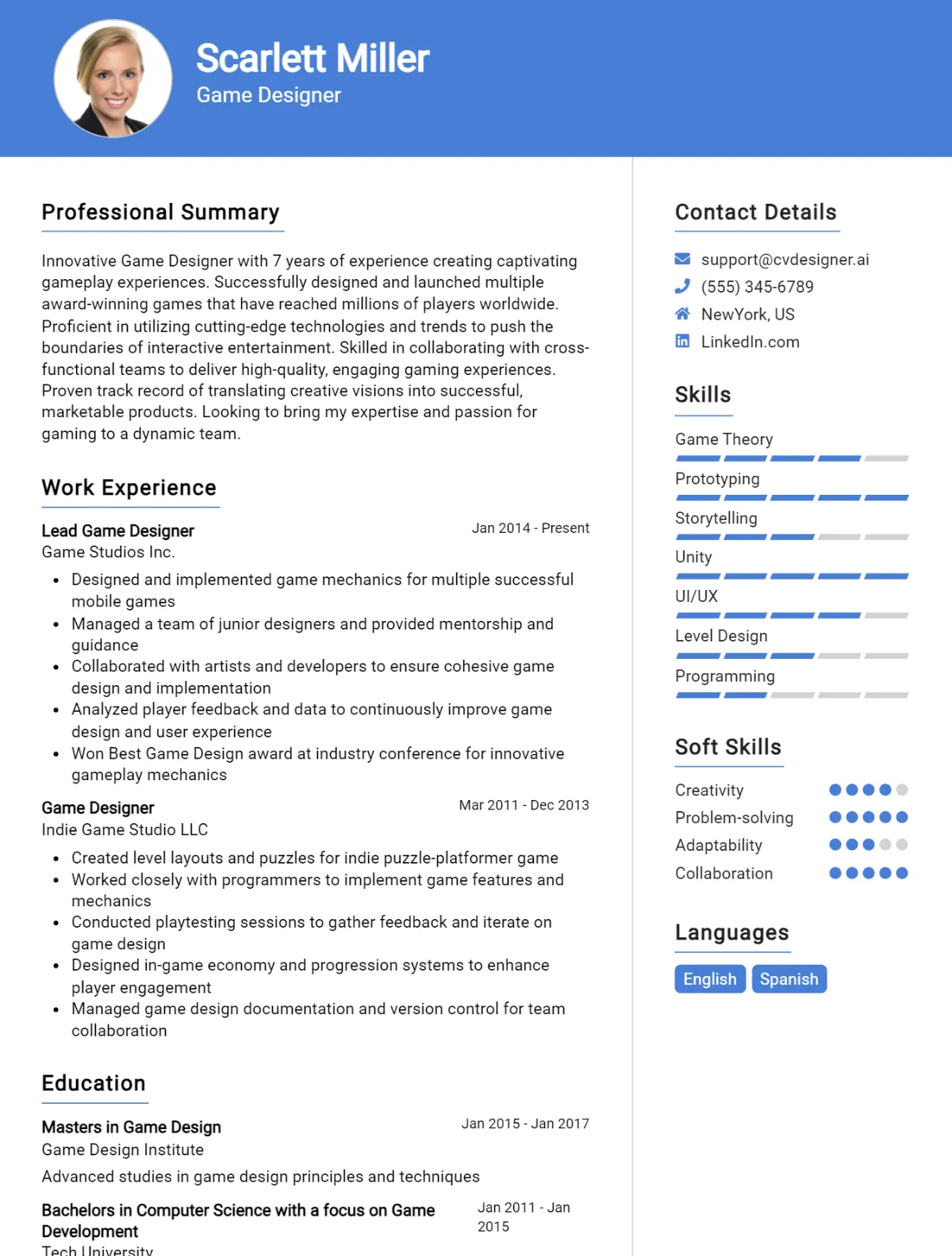 Game Designer CV Example For 2026: How to Create a Professional CV Preview
