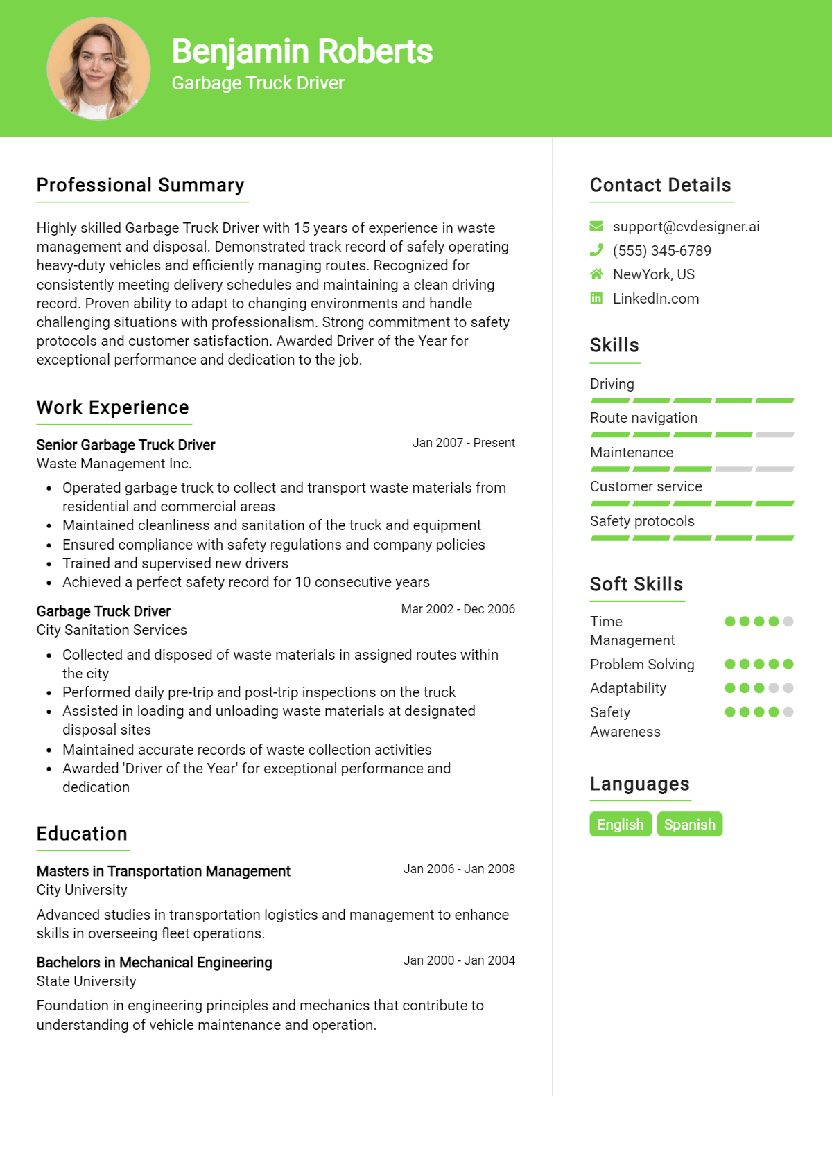 22 Garbage Truck Driver Resume Examples for 2026: Free Templates Preview