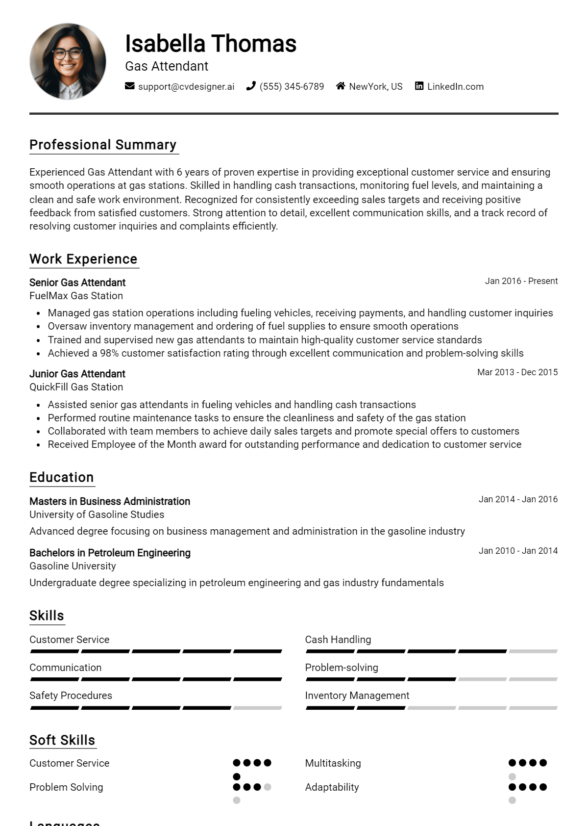 Gas Attendant Resume Example for 2026: Free Downloadable Templates Preview