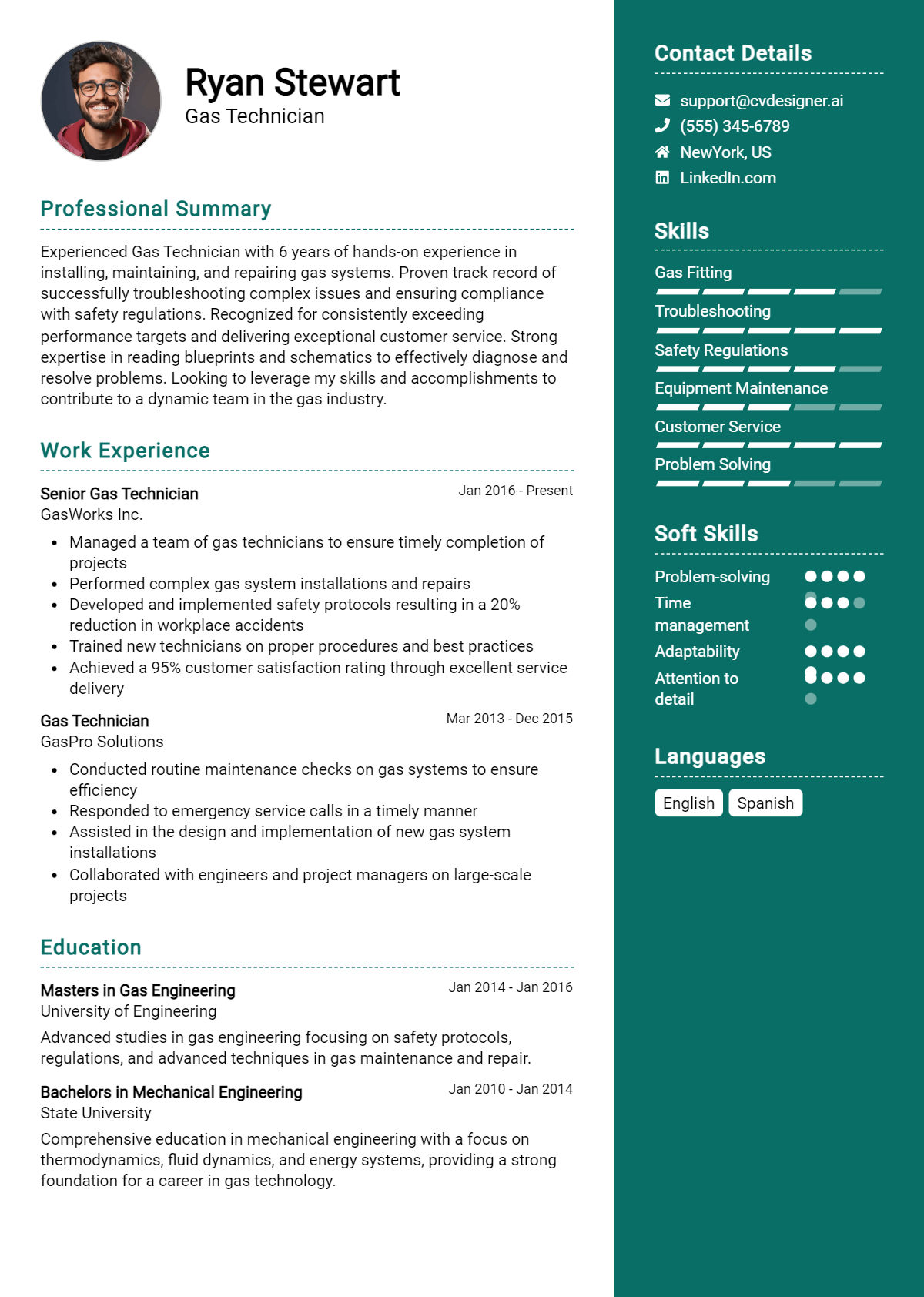 Gas Technician Resume Example for 2026: Professional CV Templates Preview